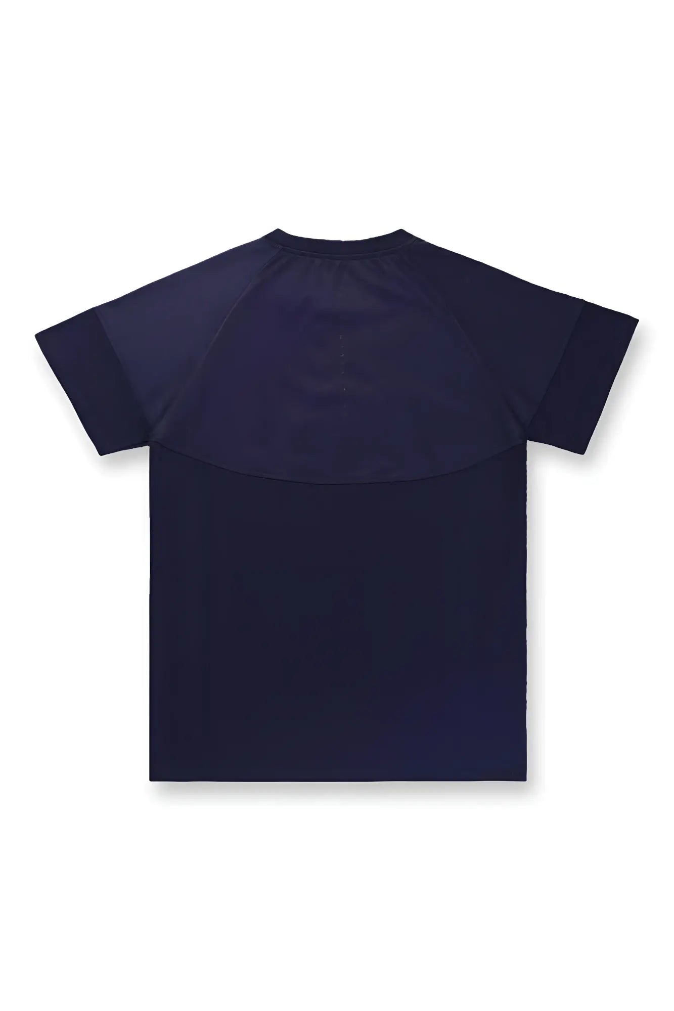 Navy blue short-sleeved rash guard with raglan sleeves made of breathable mesh for workouts by Jed North