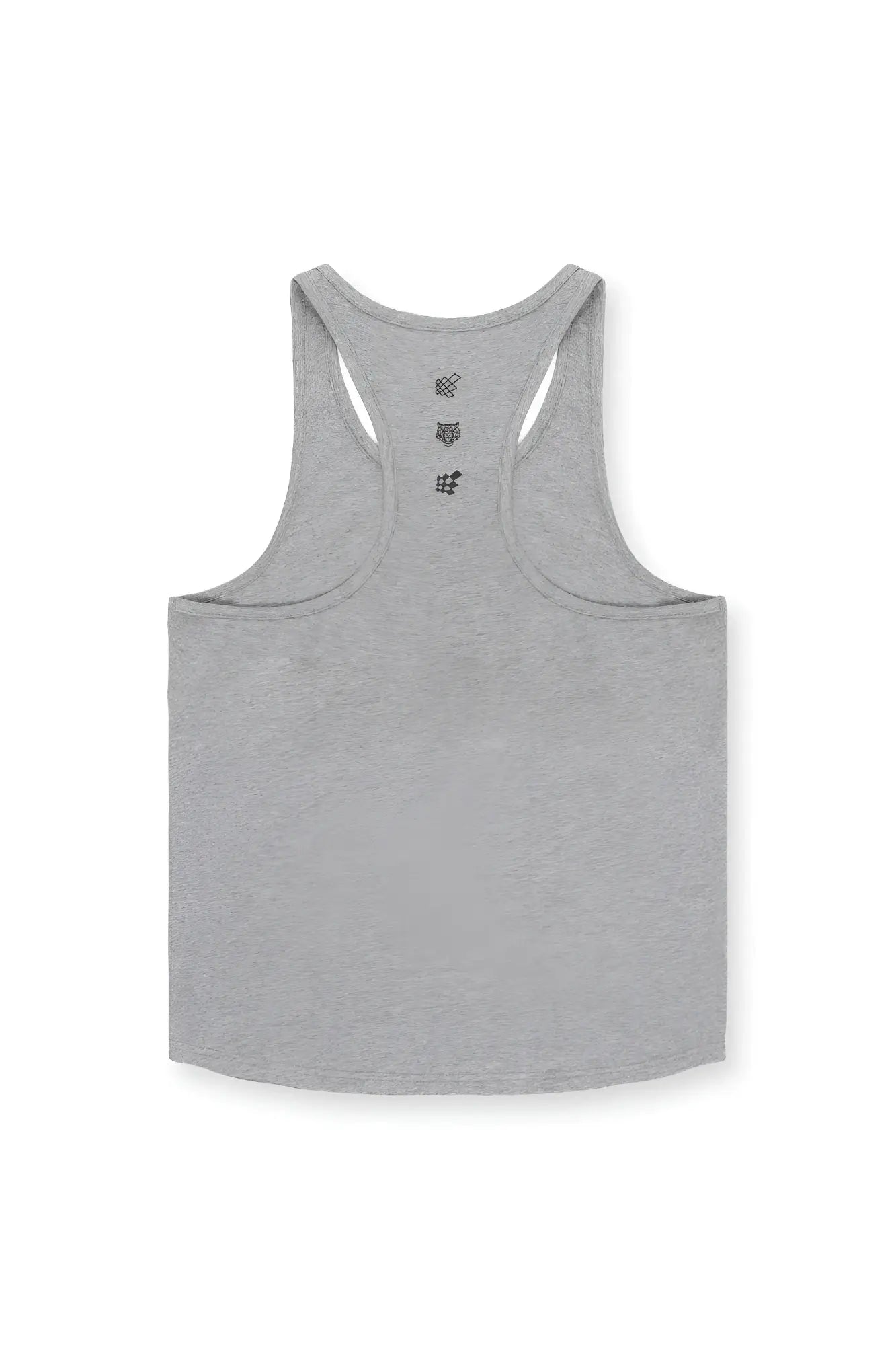 Back view of a cotton training stringer heather gray racerback tank top with subtle black embroidered logos