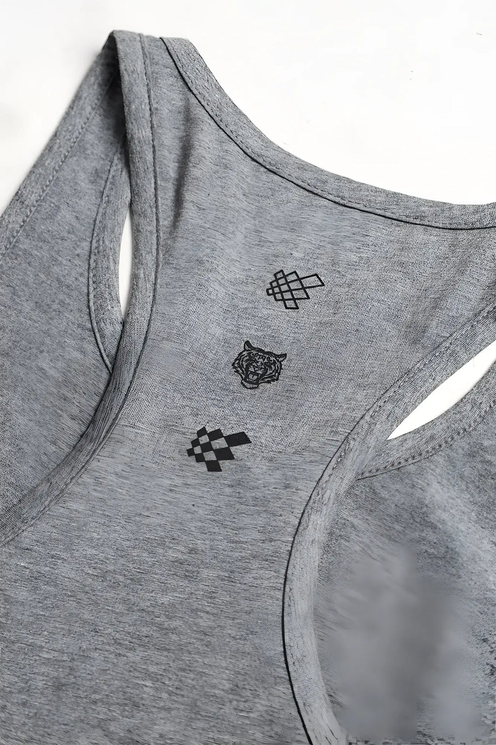 Gray heathered cotton training stringer tank top with black pixelated and tiger head embroidery on the shoulder