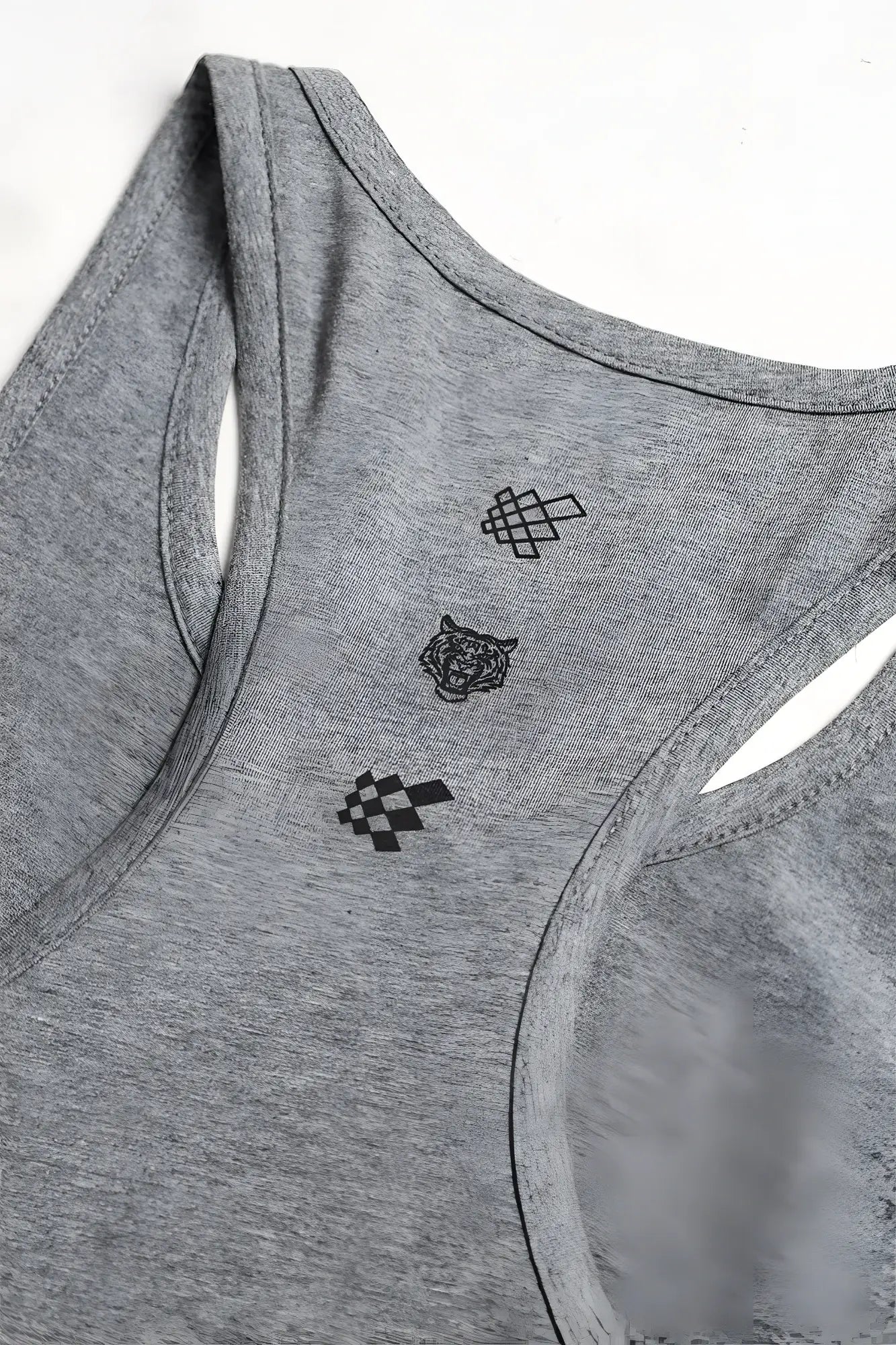 Gray heathered cotton training stringer tank top with black pixelated and tiger head embroidery on the shoulder