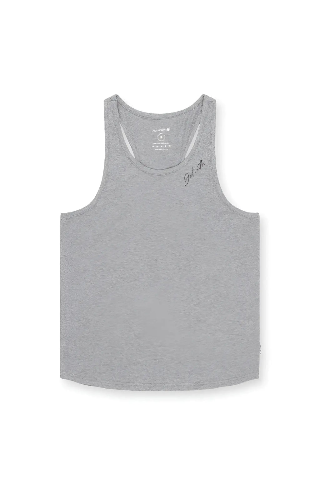 Gray heathered cotton training stringer tank top with subtle embroidered logo on the left chest