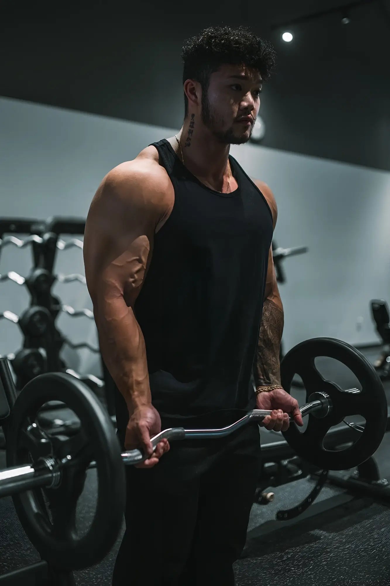 Black barbell with curved handle and weight plates featured with cotton training stringer midnight shirt