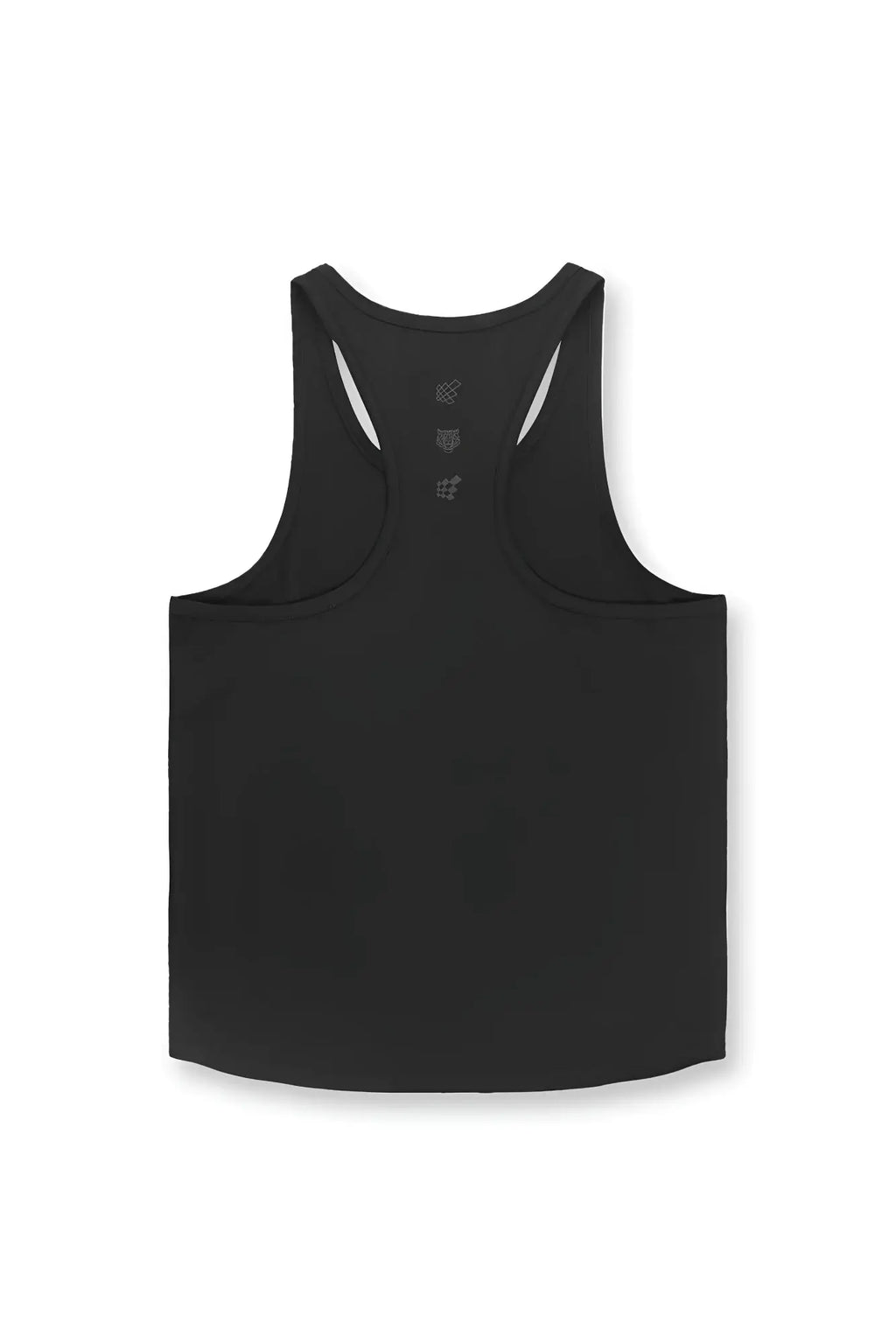 Back view of a black cotton training stringer tank top with subtle gray logo detailing on the back in midnight color