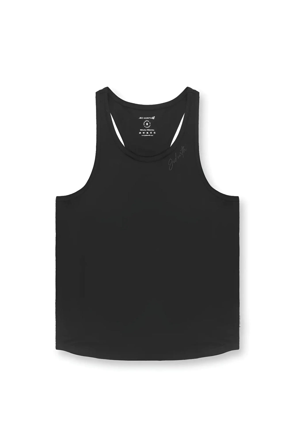 Cotton training stringer tank top in midnight black with white trim and subtle signature embroidery on the chest