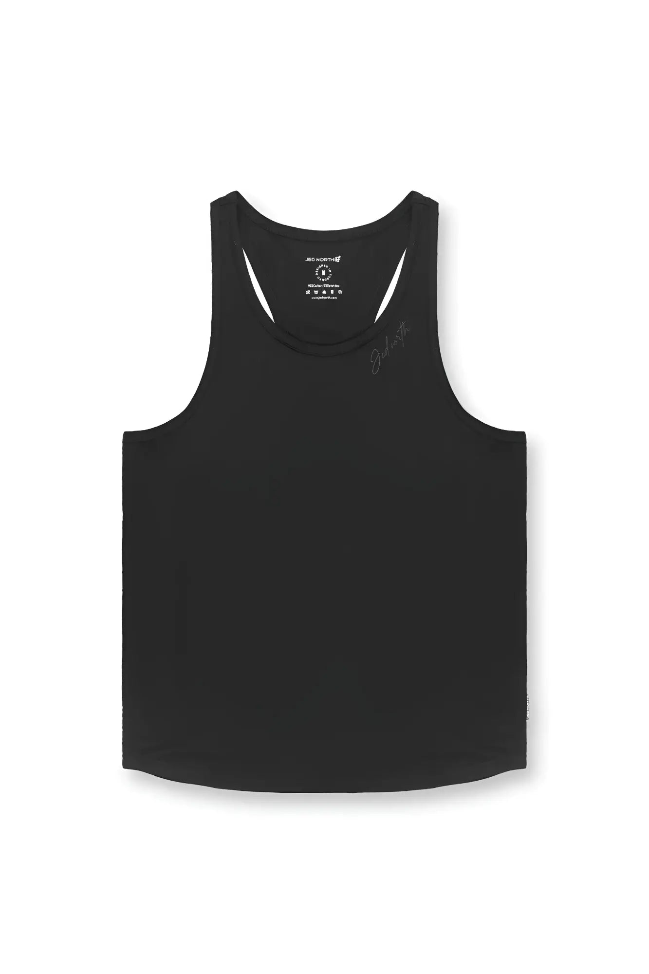 Cotton training stringer tank top in midnight black with white trim and subtle signature embroidery on the chest