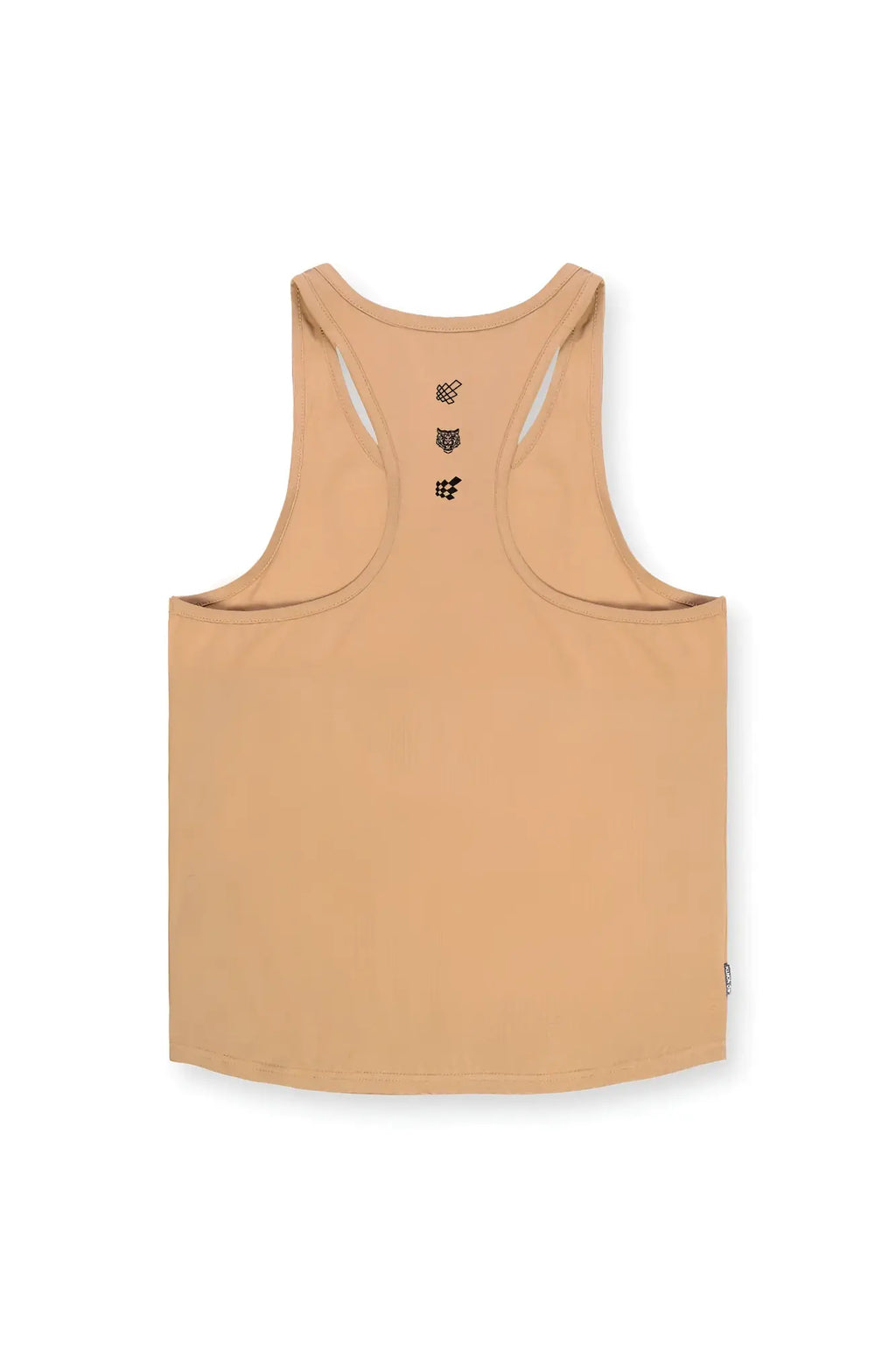 Beige cotton training stringer tank top with racerback and subtle black embroidered logos on the back straps