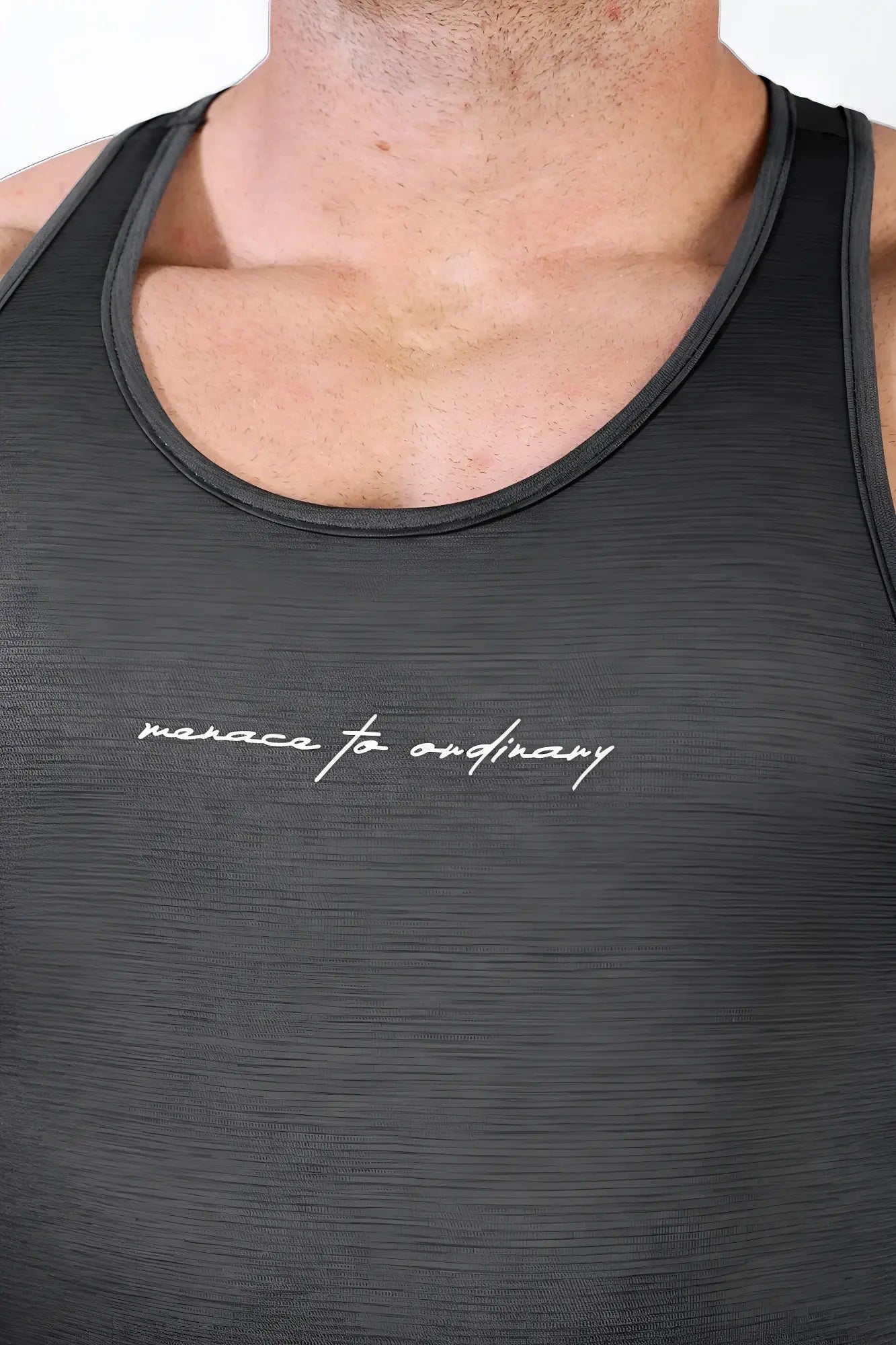 Jed north dynamic bodybuilding stringer dark gray black textured tank top with white cursive embroidery unrace to ordinary