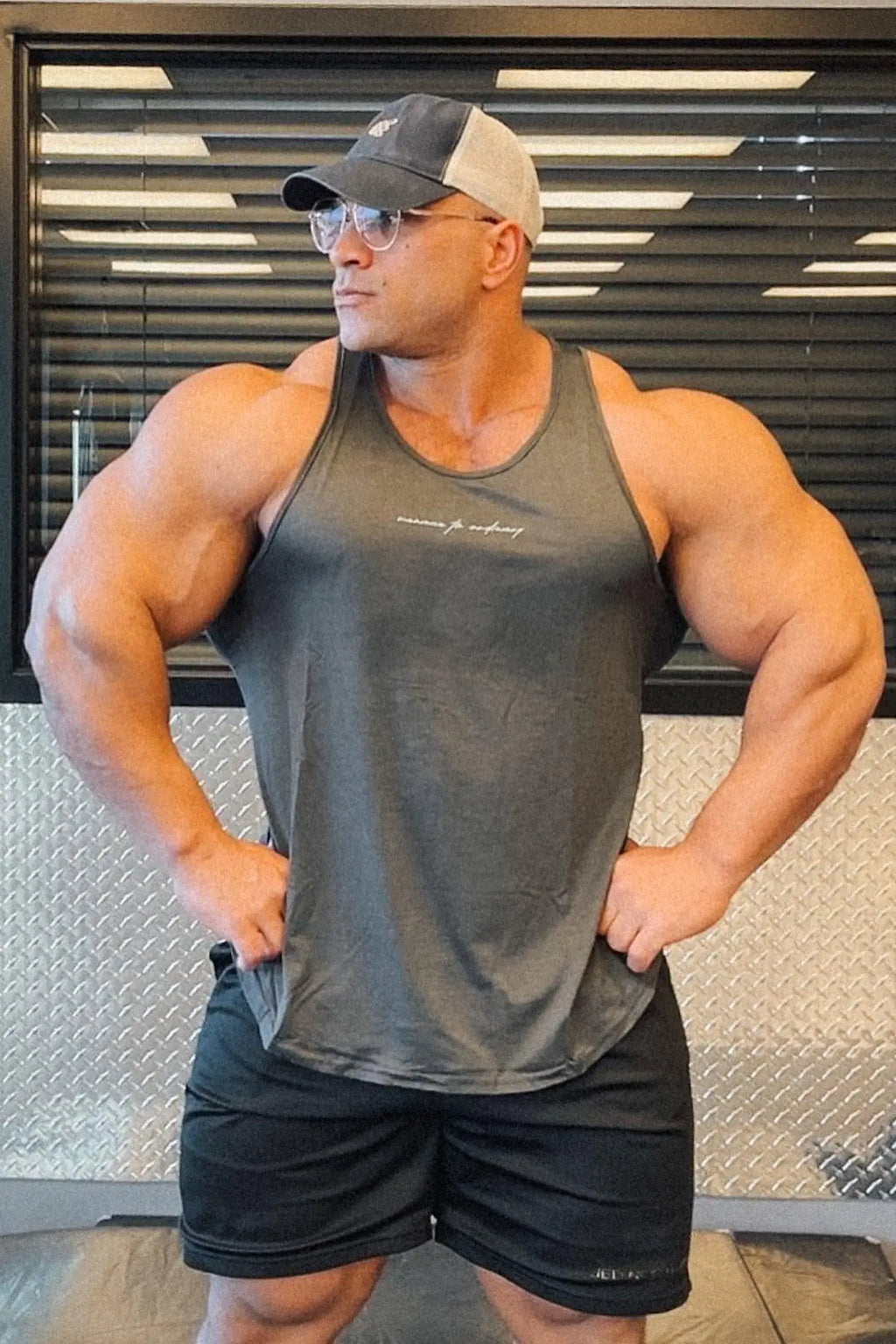 Jed North Dynamic Bodybuilding stringer sleeveless tank top in dark gray with subtle embroidered logo on chest