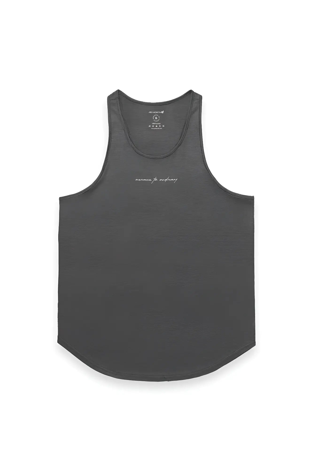 Dark gray sleeveless Jed North Dynamic Bodybuilding stringer tank top with subtle white cursive logo across the chest