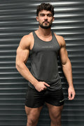 Dark gray sleeveless Jed North Dynamic Bodybuilding Stringer tank top with subtle embroidered script on chest