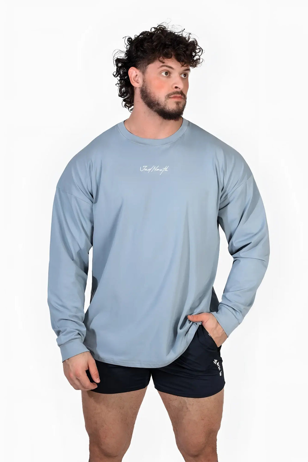 Jed North Energy oversized long sleeve t-shirt 2.0 in arctic blue with subtle white cursive logo on chest