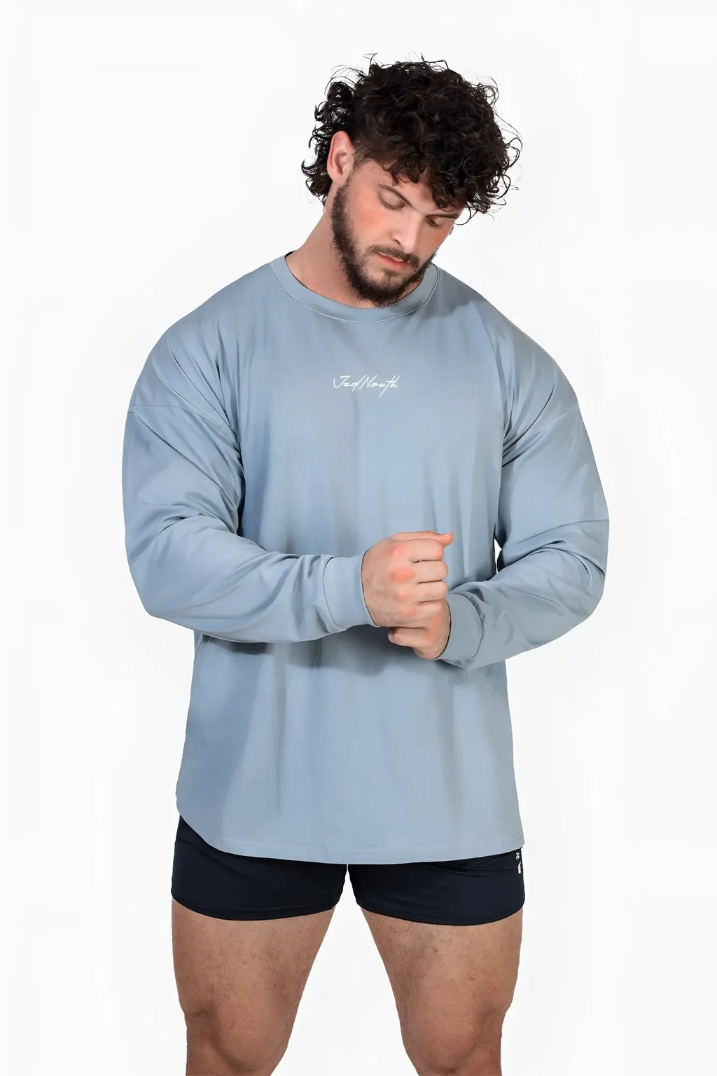 Jed North Energy oversized long sleeve t-shirt 2.0 in arctic blue features light blue fabric with subtle white cursive logo