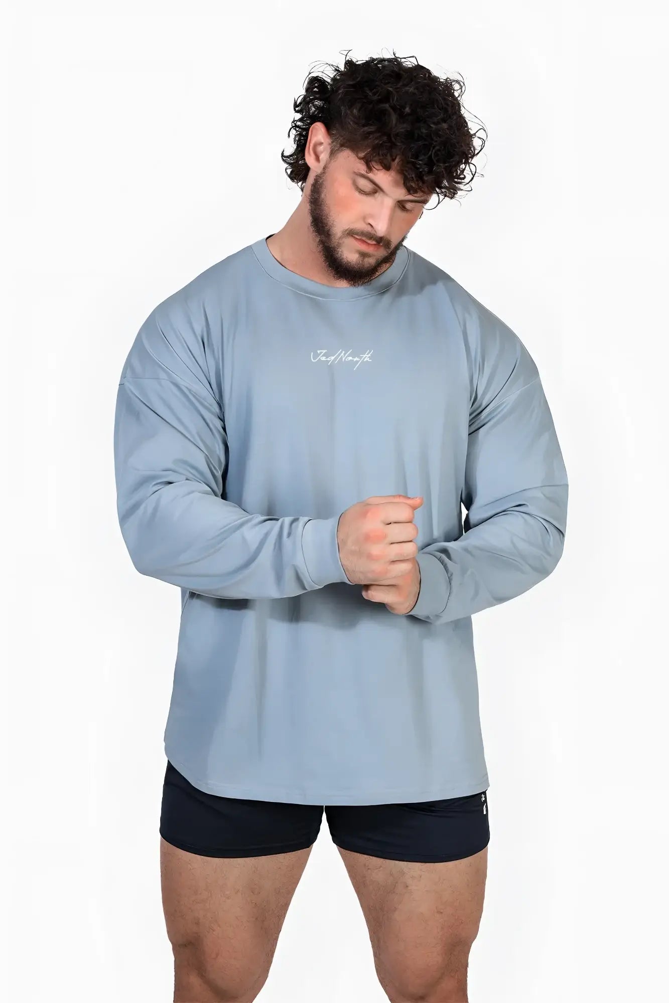 Jed North Energy oversized long sleeve t-shirt 2.0 in arctic blue features light blue fabric with subtle white cursive logo