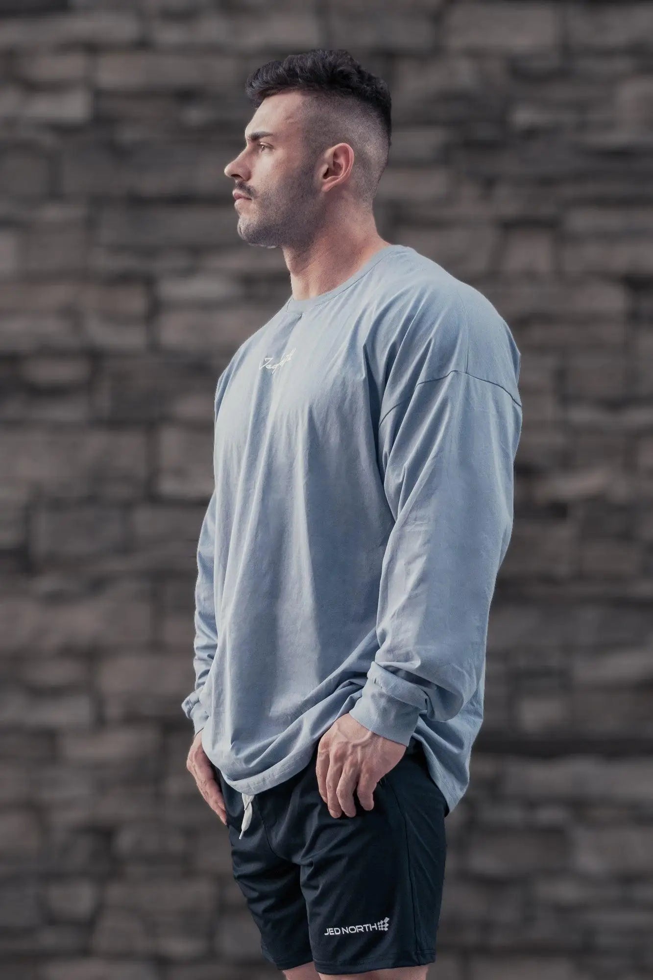 Jed North Energy oversized long sleeve t-shirt 2.0 in arctic blue features a light blue crewneck with subtle chest logo embroidery