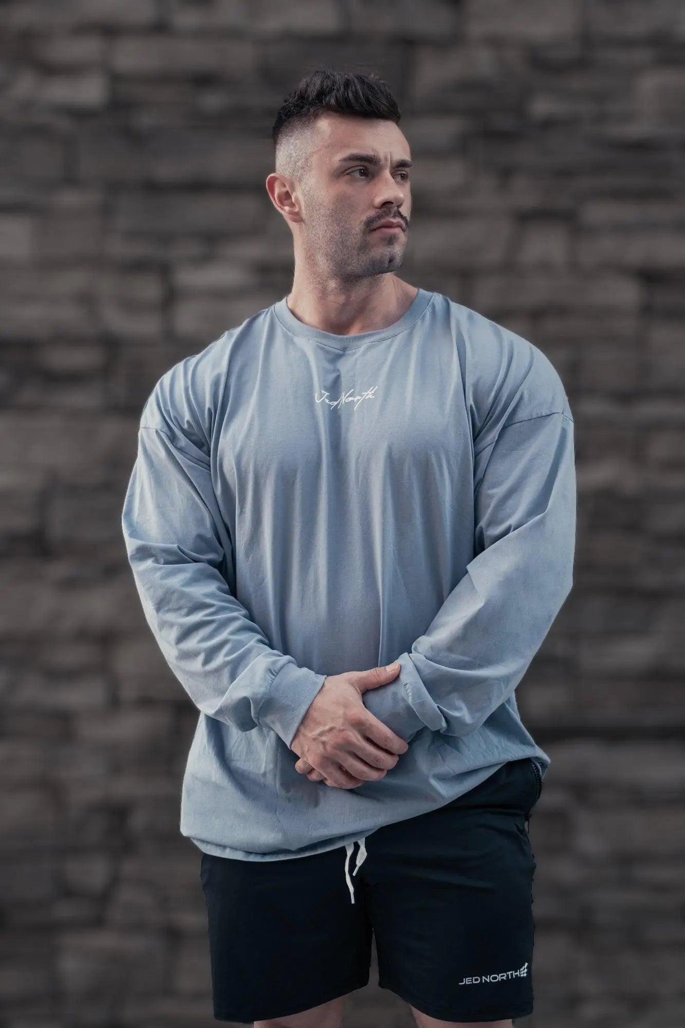 Jed north energy oversized long sleeve t-shirt 2.0 in arctic blue with subtle white script logo on chest