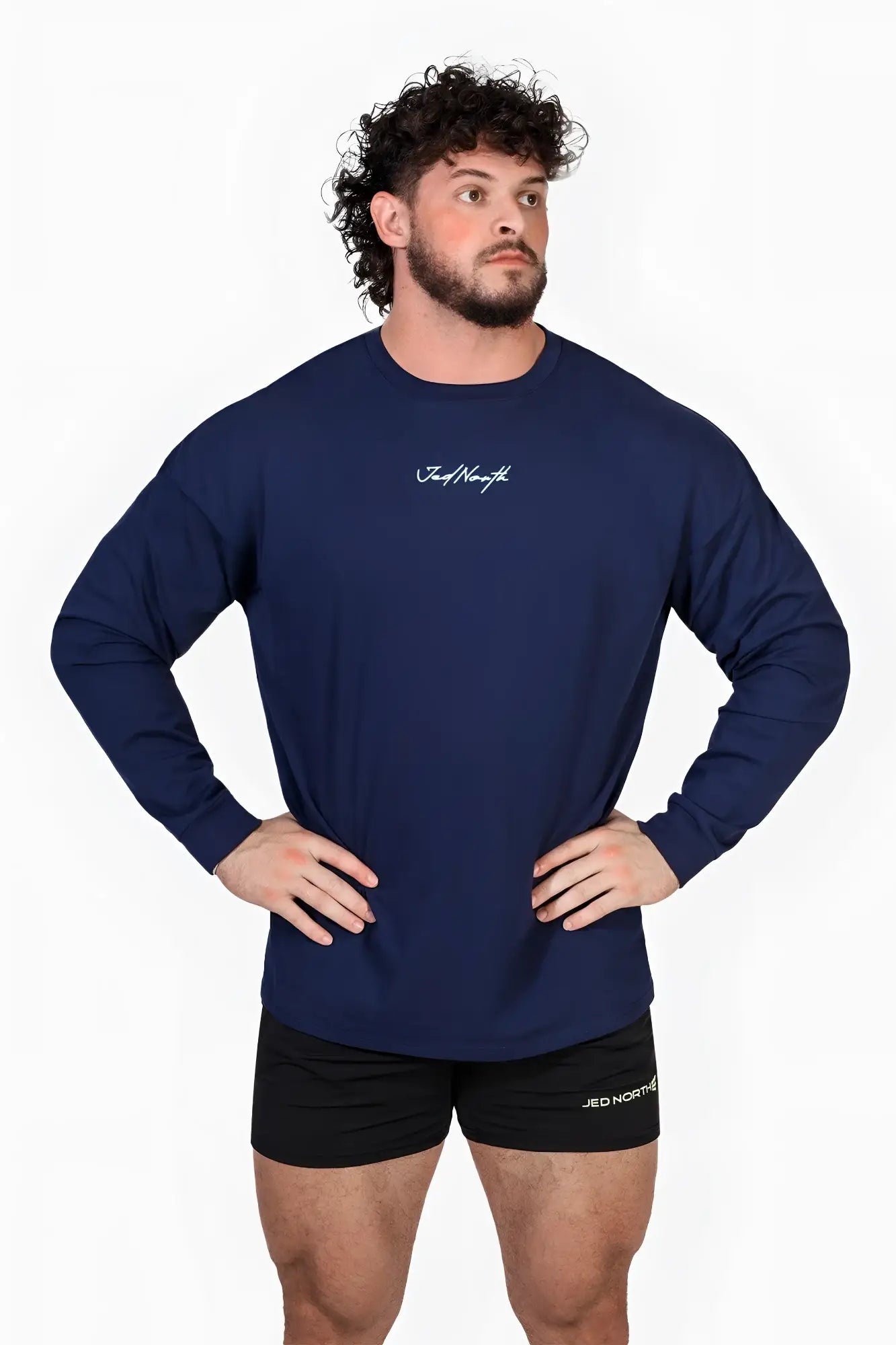 Navy blue Jed North Energy oversized long sleeve t-shirt 2.0 with white cursive logo on the chest in crew neck style