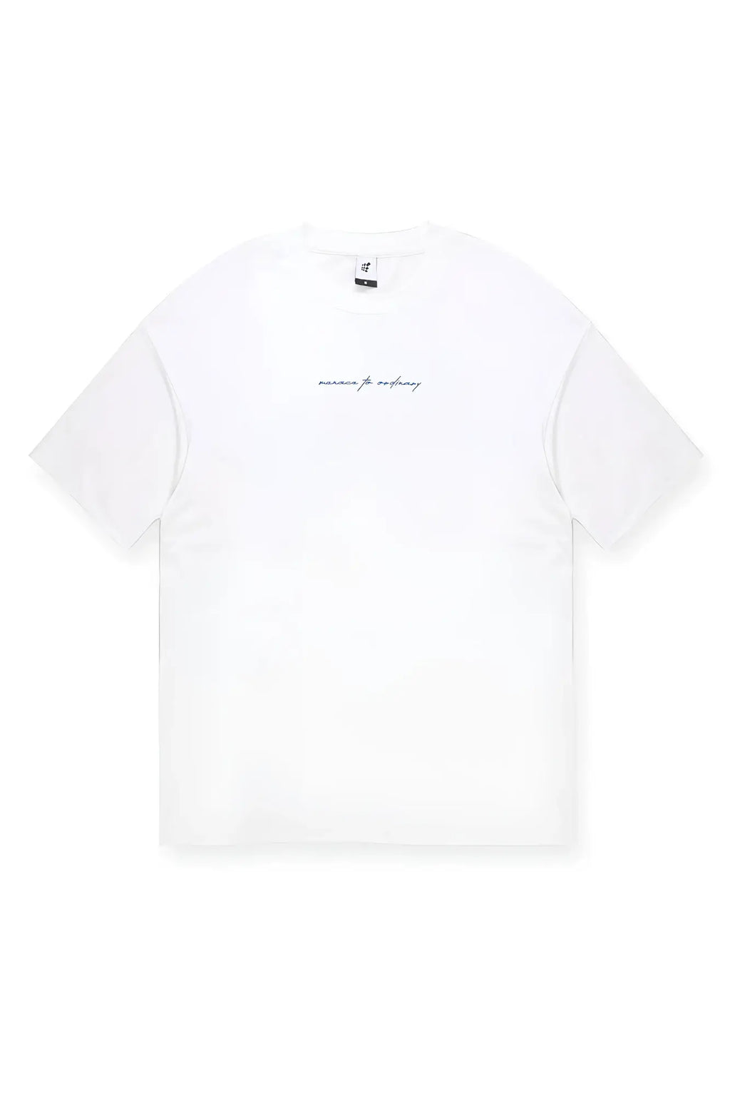 Energy oversized t-shirt cream in white cotton with subtle black cursive embroidery across the chest