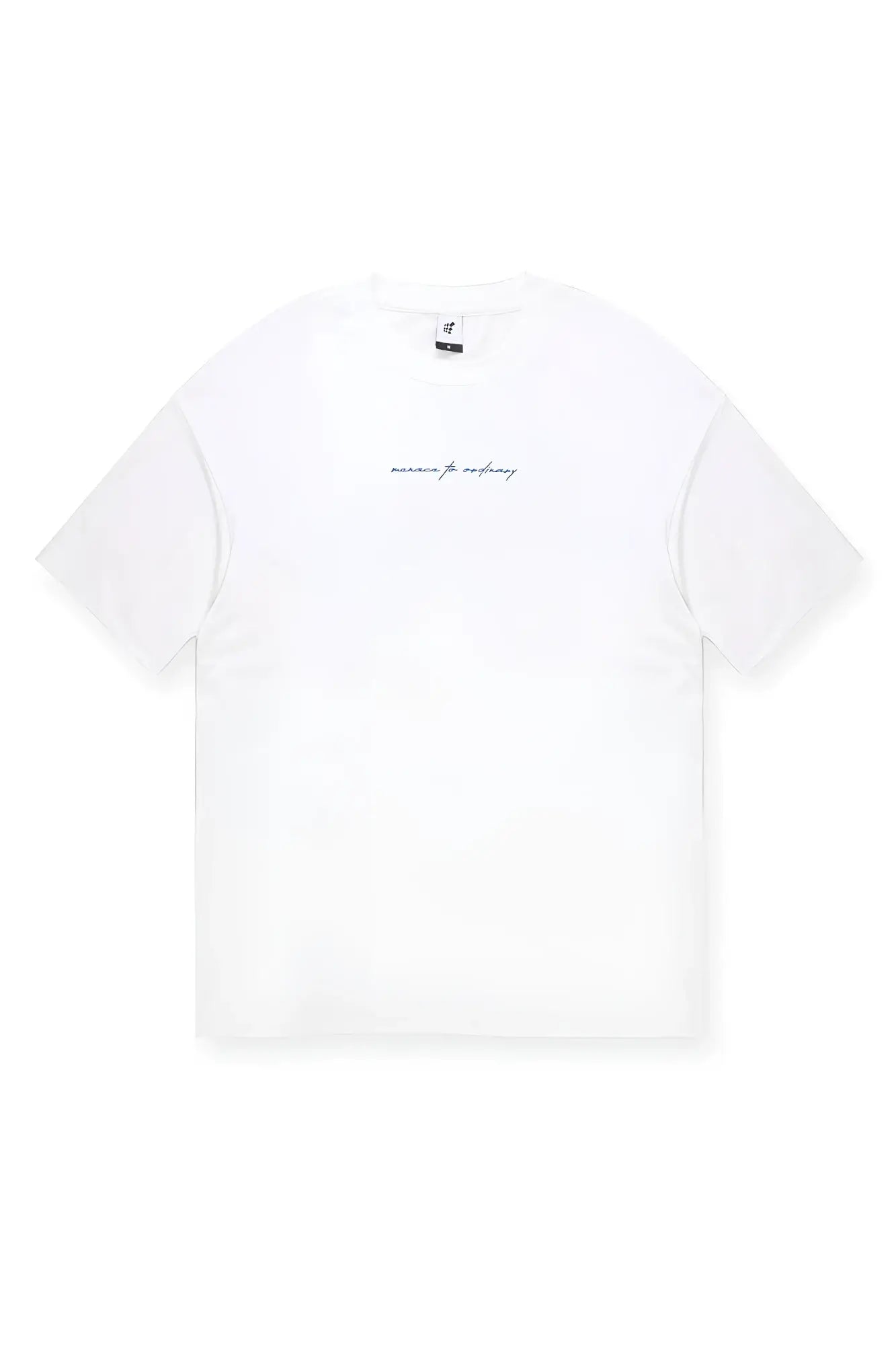 Energy oversized t-shirt cream in white cotton with subtle black cursive embroidery across the chest