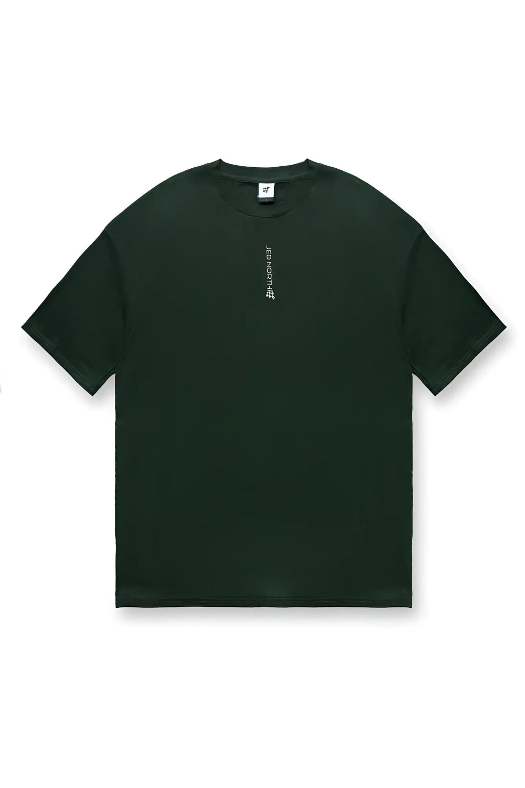 Dark green oversized short-sleeved jed north energy t-shirt with subtle vertical white logo on left chest