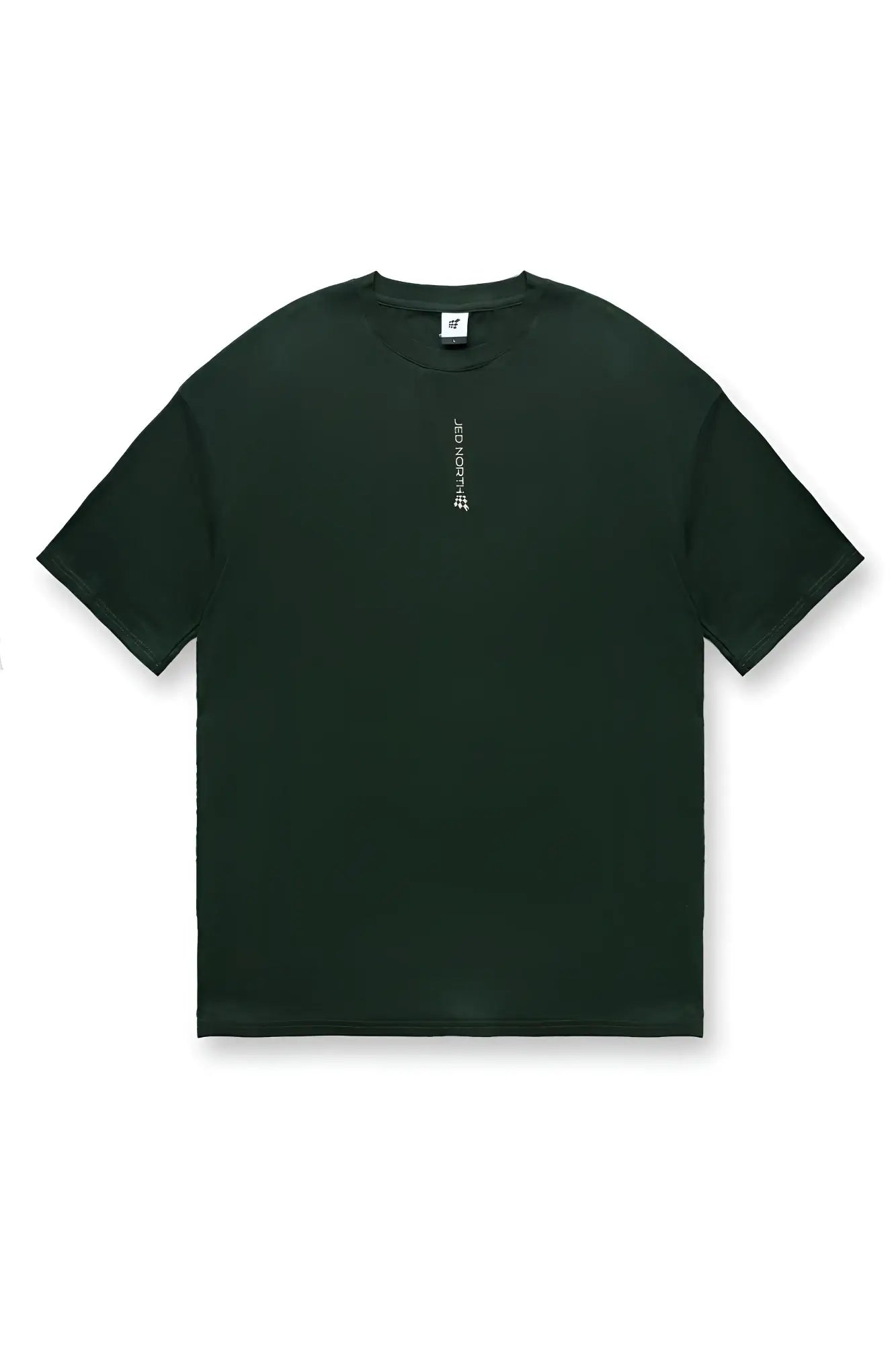 Dark green oversized short-sleeved jed north energy t-shirt with subtle vertical white logo on left chest