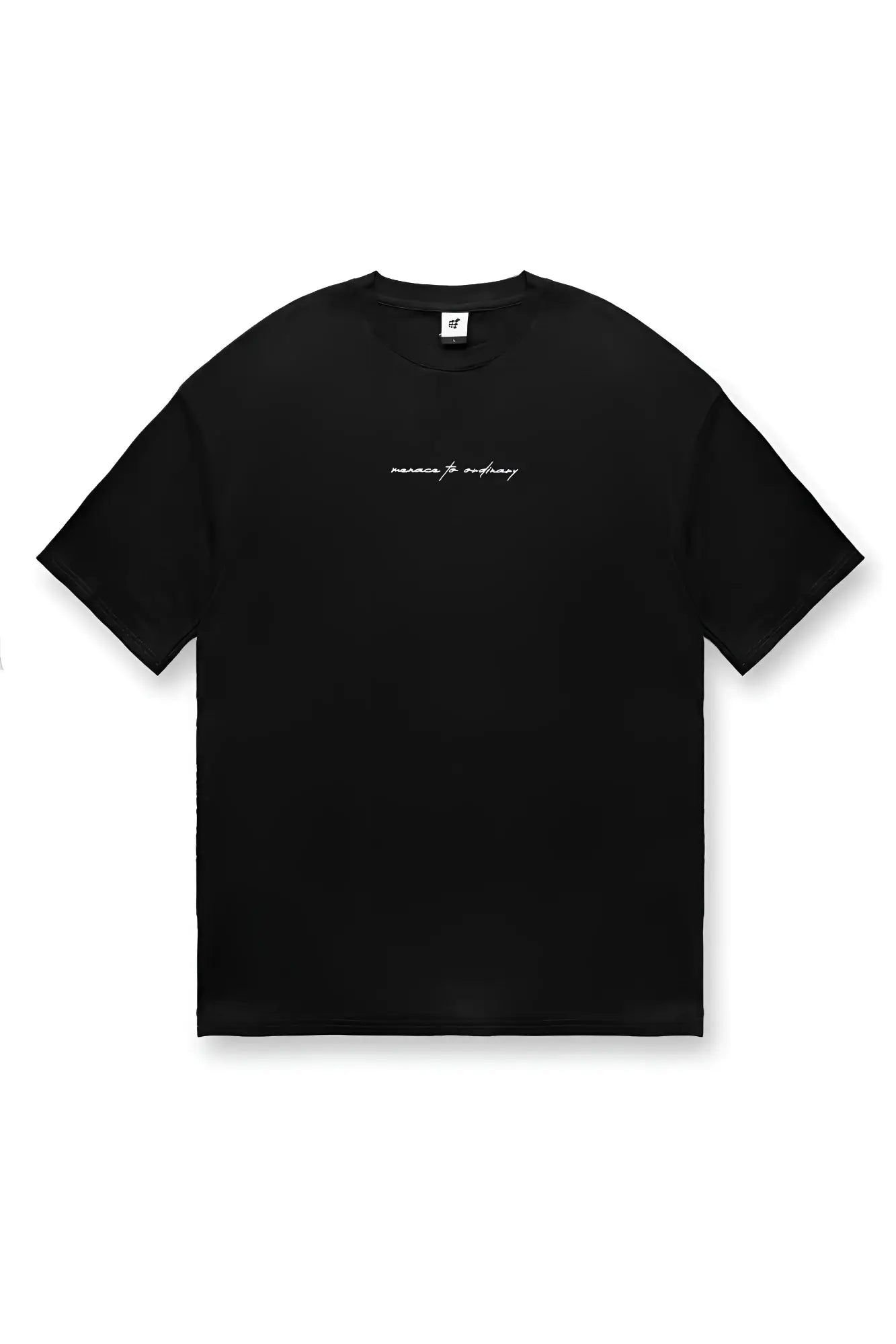 Black short-sleeved cotton Jed North Energy oversized t-shirt with white cursive embroidery across the chest