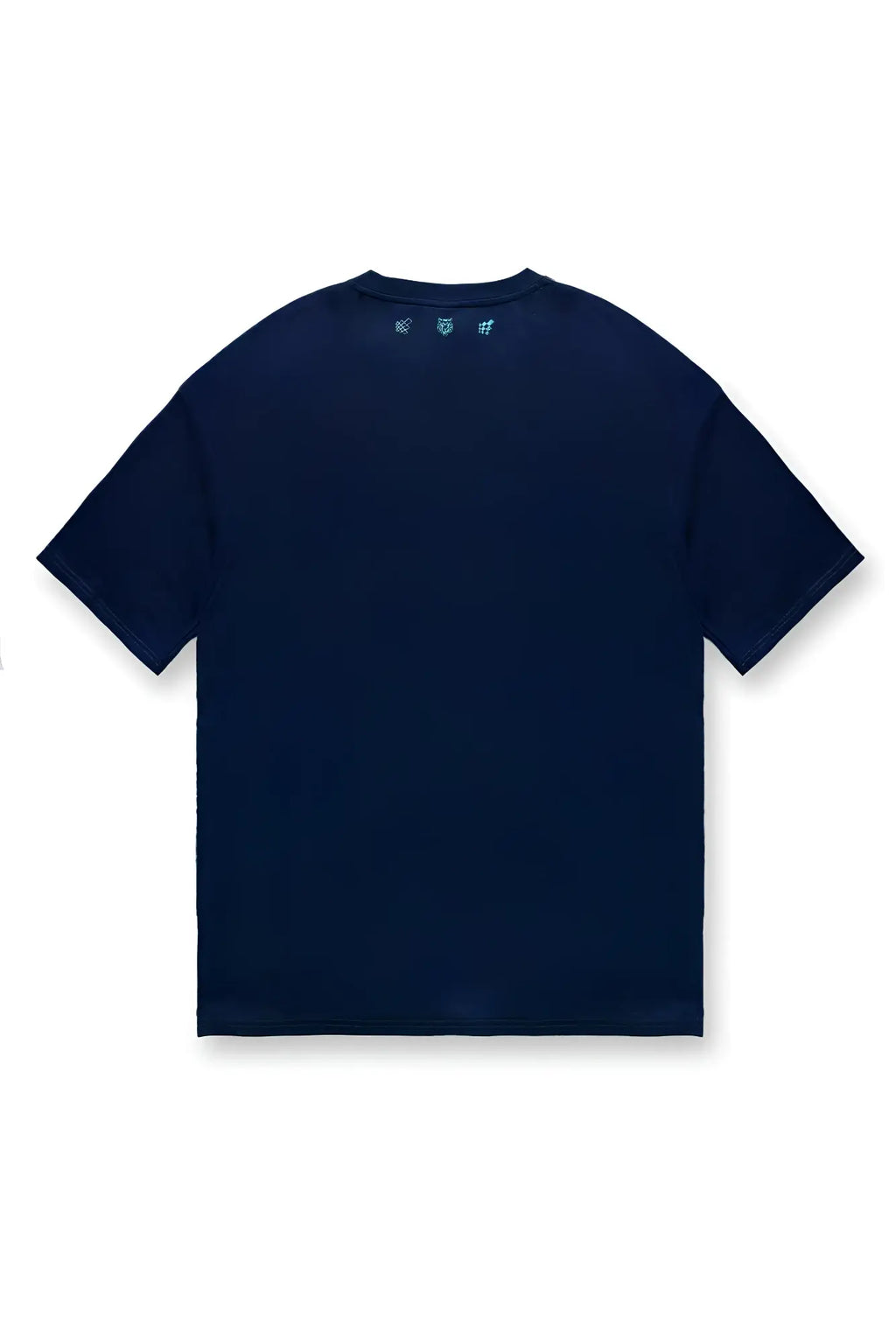Jed north energy oversized t-shirt midnight blue dark navy cotton short sleeve with light blue embroidered logos at neckline