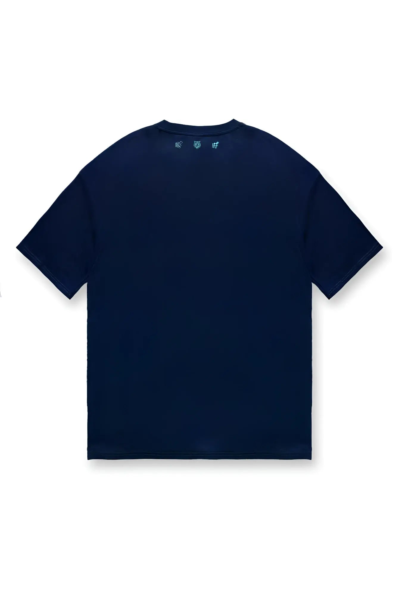 Jed north energy oversized t-shirt midnight blue dark navy cotton short sleeve with light blue embroidered logos at neckline