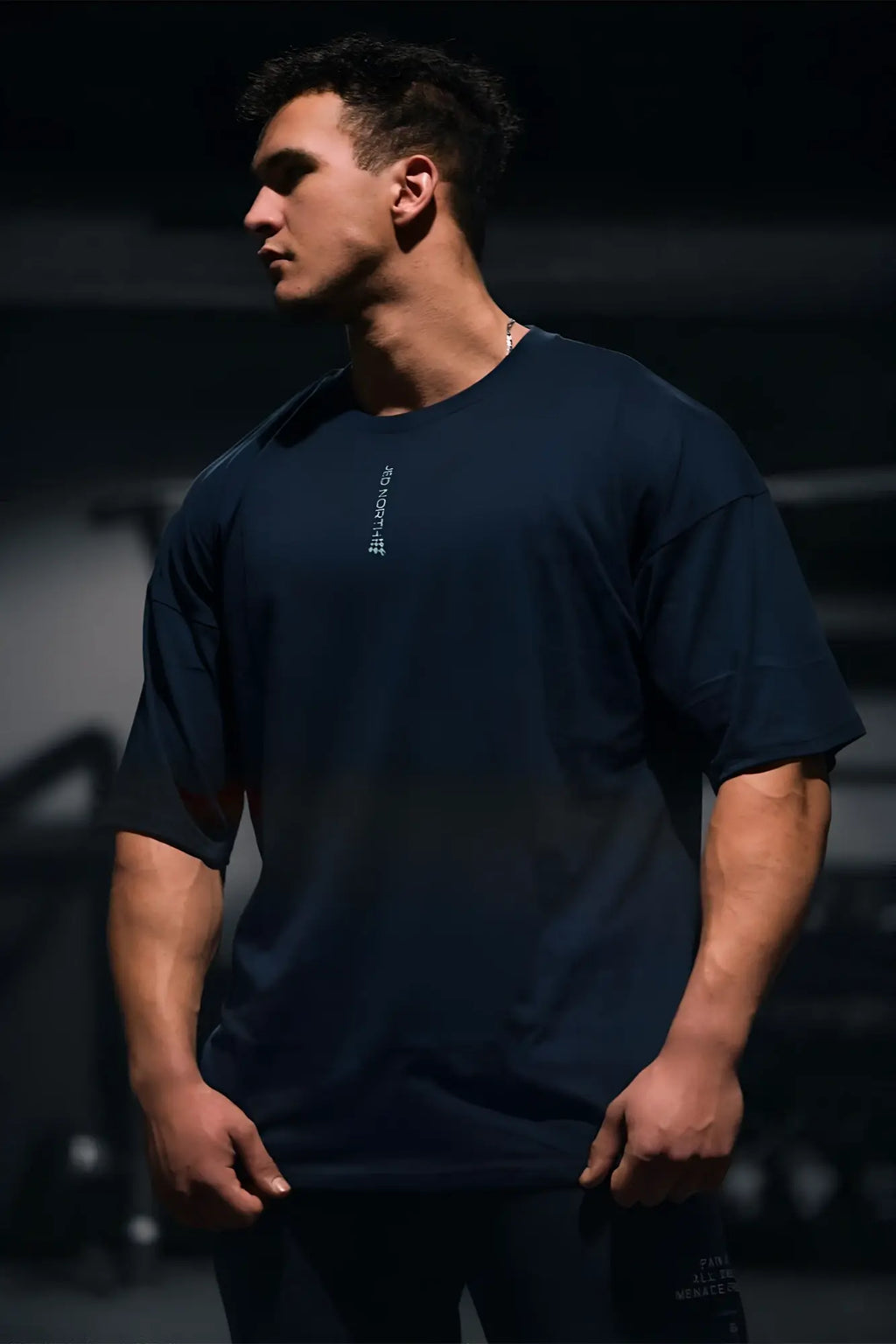 Dark navy jed north energy oversized t-shirt with subtle vertical logo on left chest in soft cotton blend