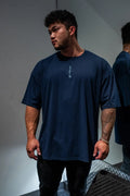 Jed north energy oversized t shirt in midnight blue with a small white vertical logo on the left chest in cotton blend