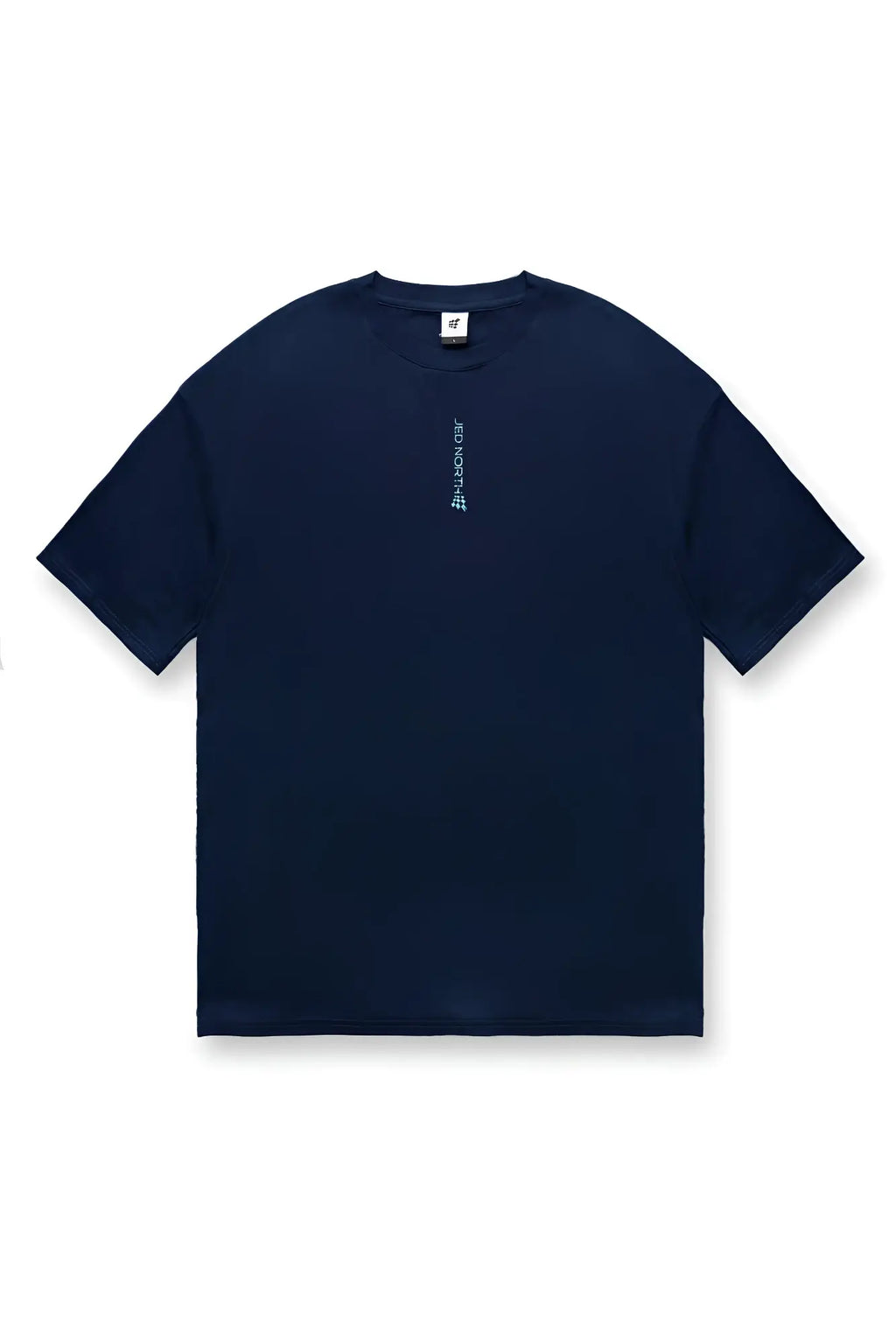 Jed North Energy oversized t-shirt in midnight blue with white vertical text on the left chest side in navy blue cotton