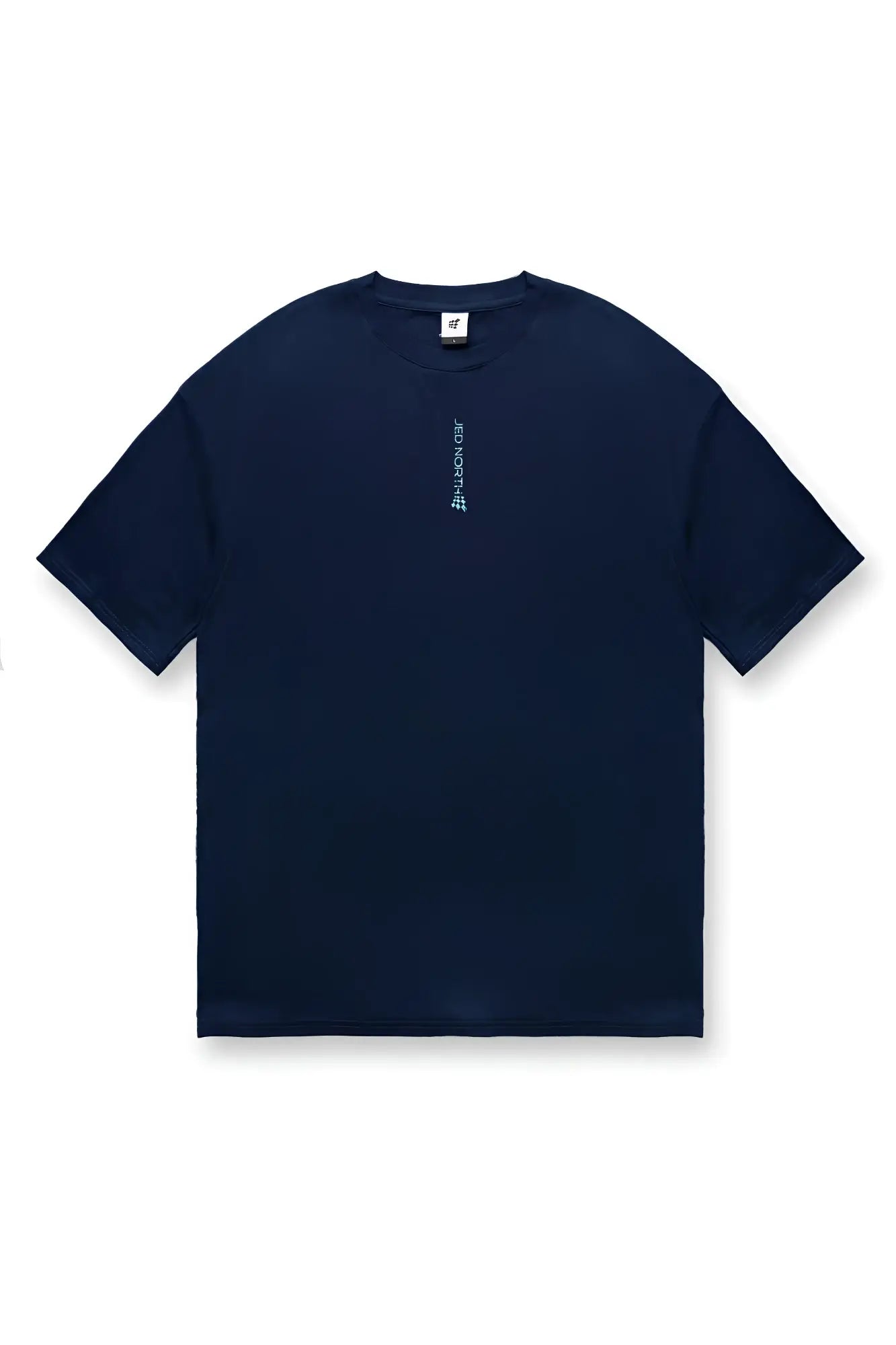 Jed North Energy oversized t-shirt in midnight blue with white vertical text on the left chest side in navy blue cotton
