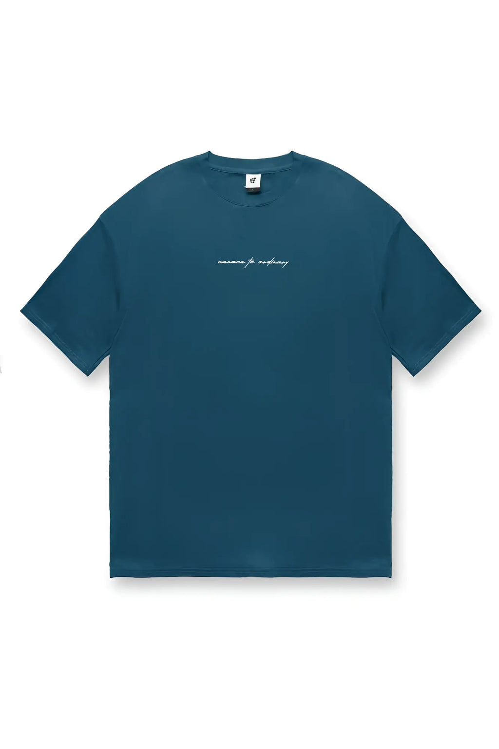 Teal energy oversized t-shirt with short sleeves crew neck and subtle white cursive embroidery across the chest