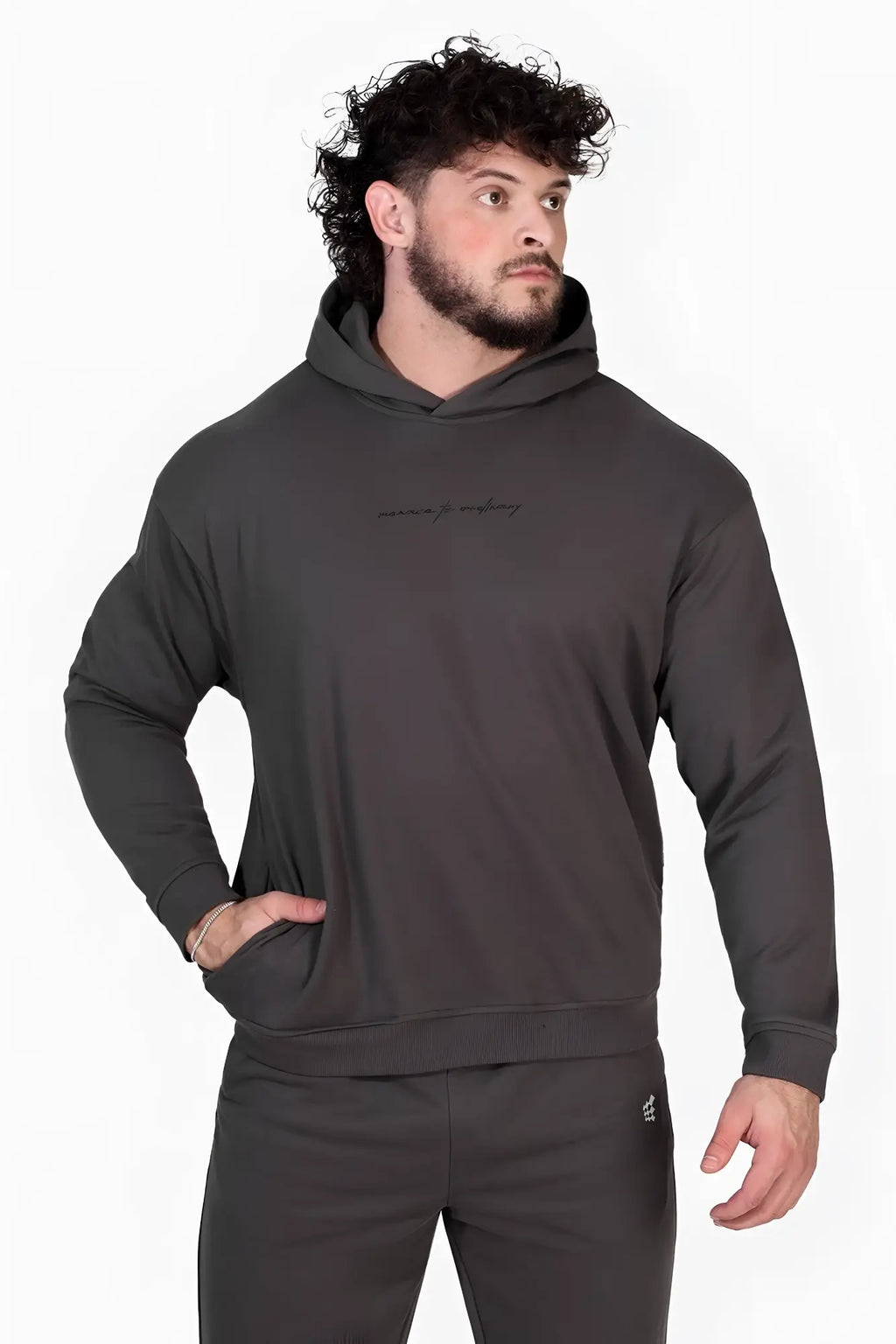 Jed north essentials relaxed hoodie dark gray featuring a dark gray hooded sweatshirt with subtle embroidered logo on chest