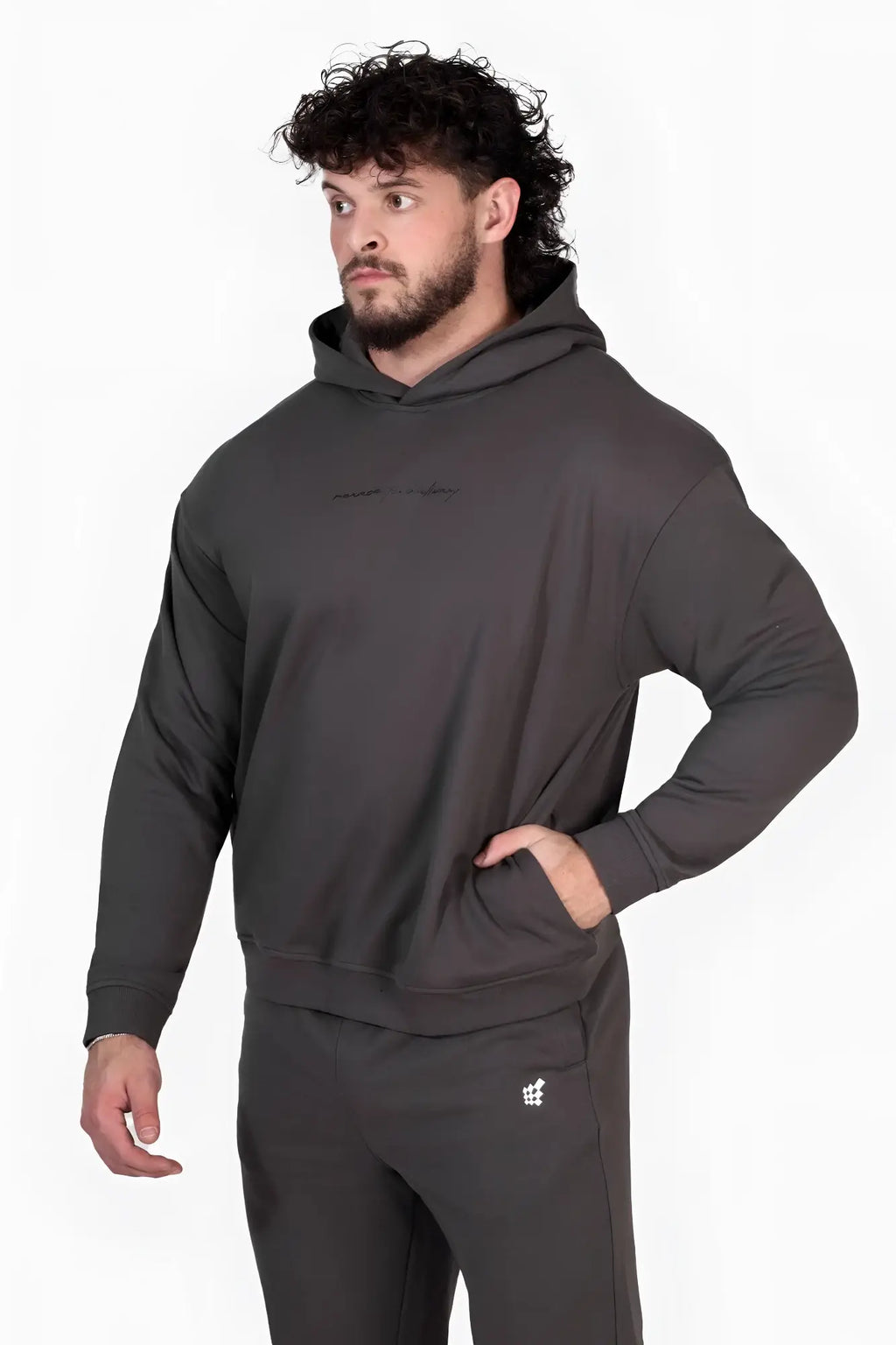 Jed North Essentials relaxed hoodie dark gray oversized with subtle embroidered logo and matching drawstring hood