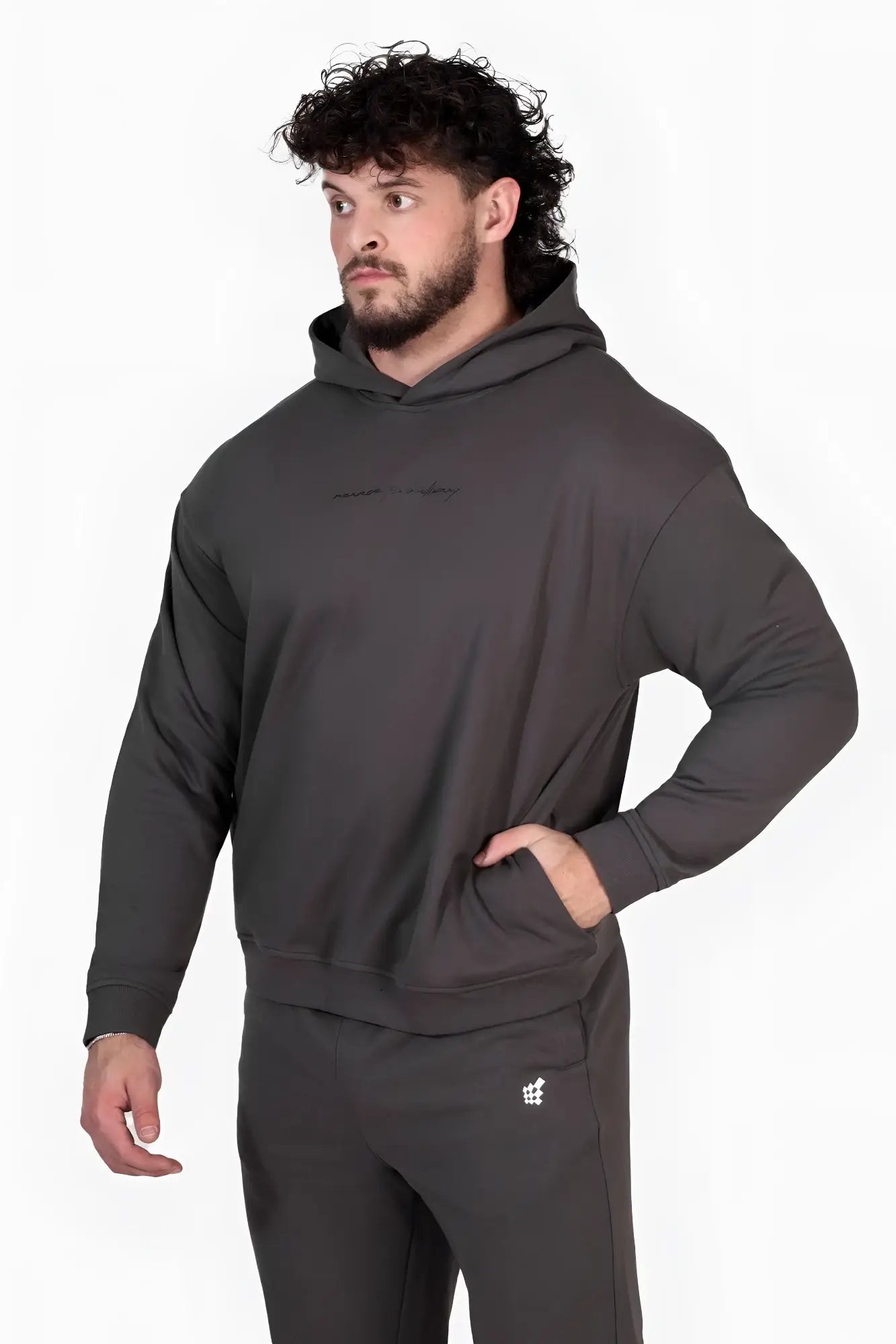 Jed North Essentials relaxed hoodie dark gray oversized with subtle embroidered logo and matching drawstring hood