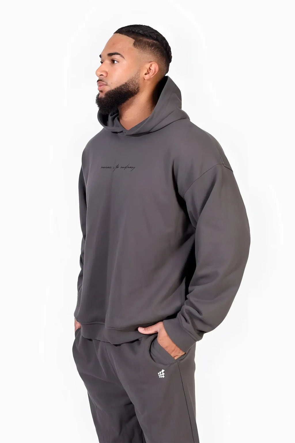 Jed North Essentials relaxed hoodie in dark gray with a subtle embroidered logo and matching drawstring hood