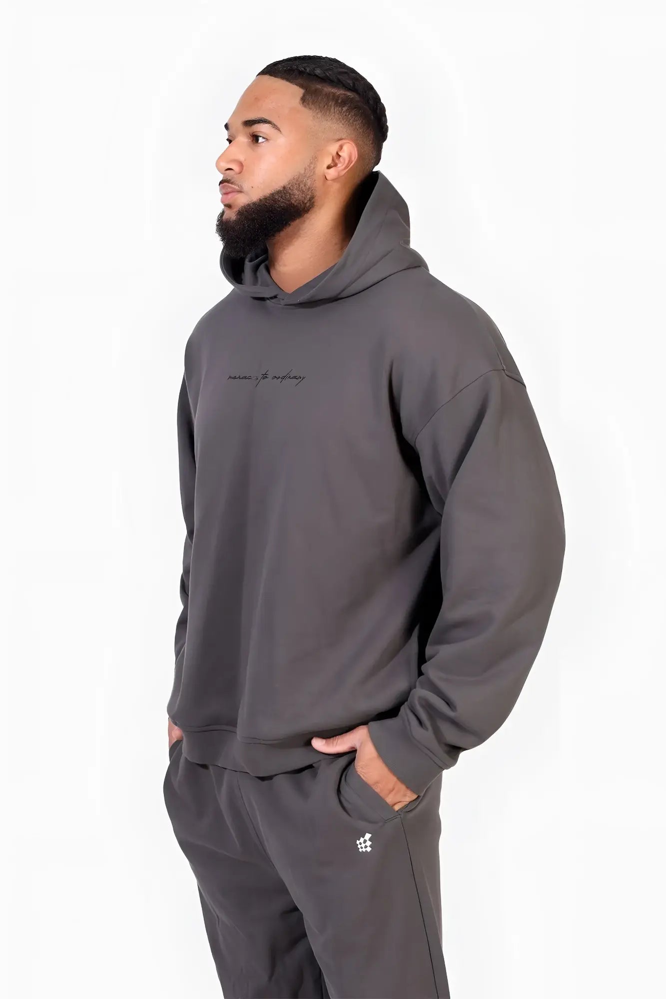 Jed North Essentials relaxed hoodie in dark gray with a subtle embroidered logo and matching drawstring hood