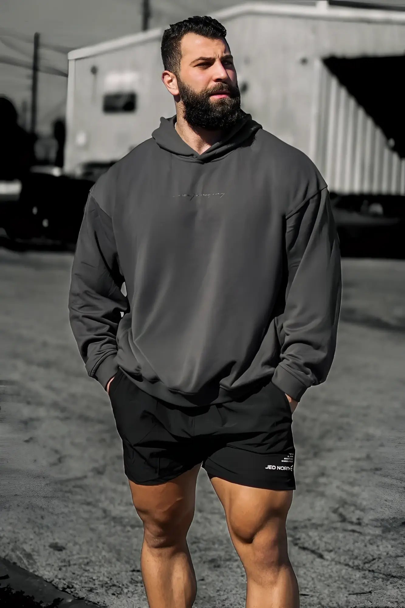 Jed North essentials relaxed hoodie in dark gray featuring a subtle embroidered logo on the chest with an oversized fit