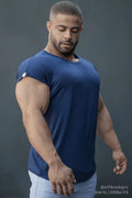 Jed North Evolve cap sleeve muscle t-shirt 2.0 navy blue sleeveless athletic shirt with crew neck and subtle shoulder branding