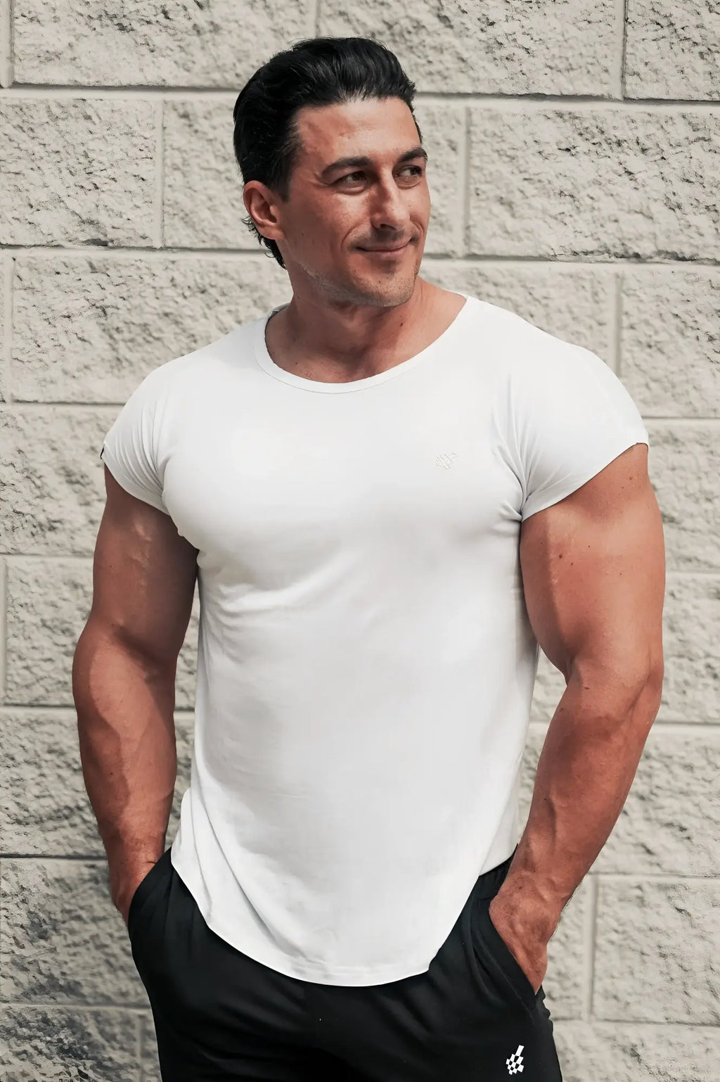 Jed North Evolve cap sleeve muscle t-shirt 2.0 off white with subtle logo and short sleeves in soft cotton blend