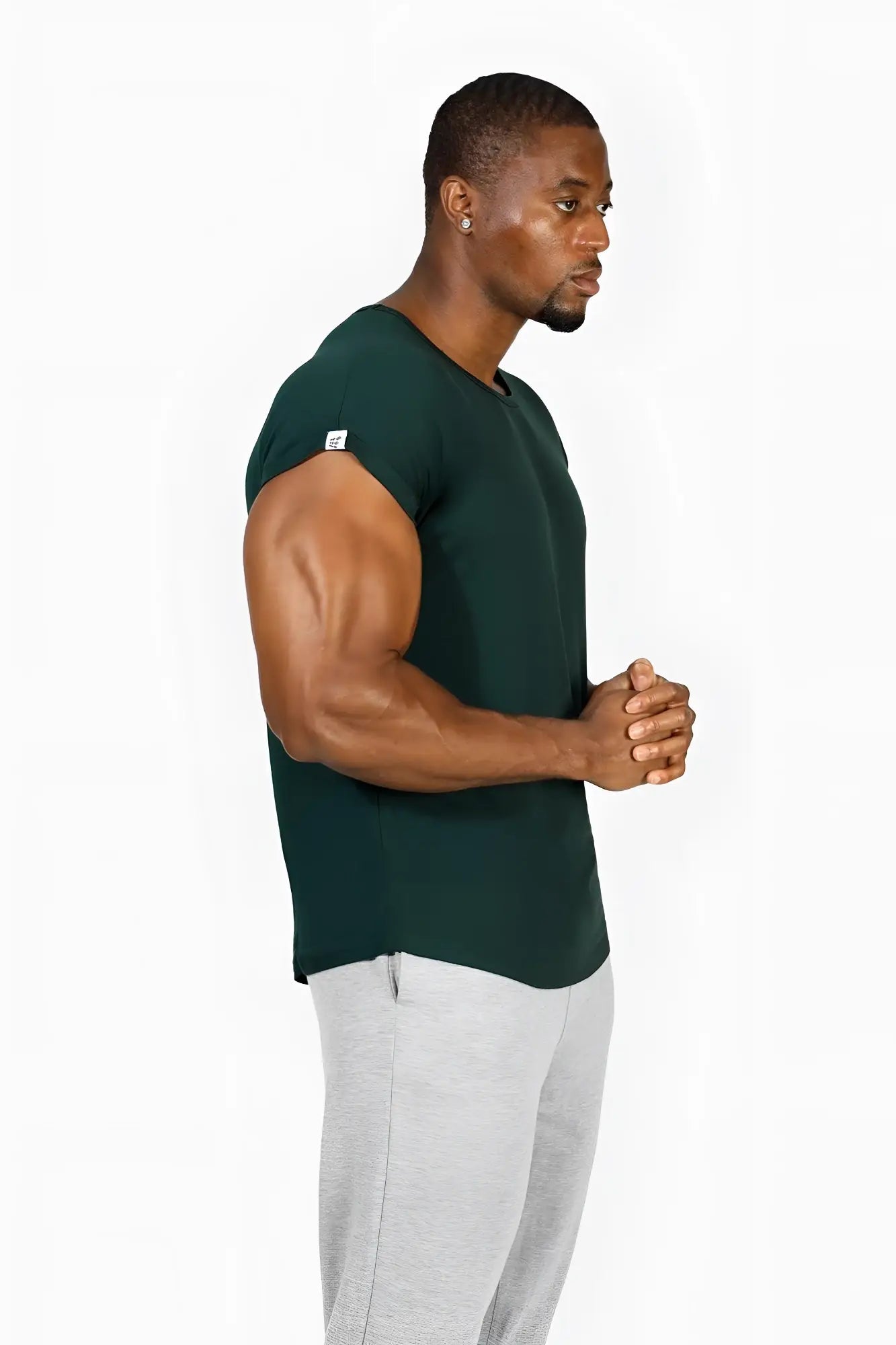 Jed North evolve men’s cap sleeve t-shirt 2.0 forest green sleeveless athletic tee with subtle logo on left shoulder
