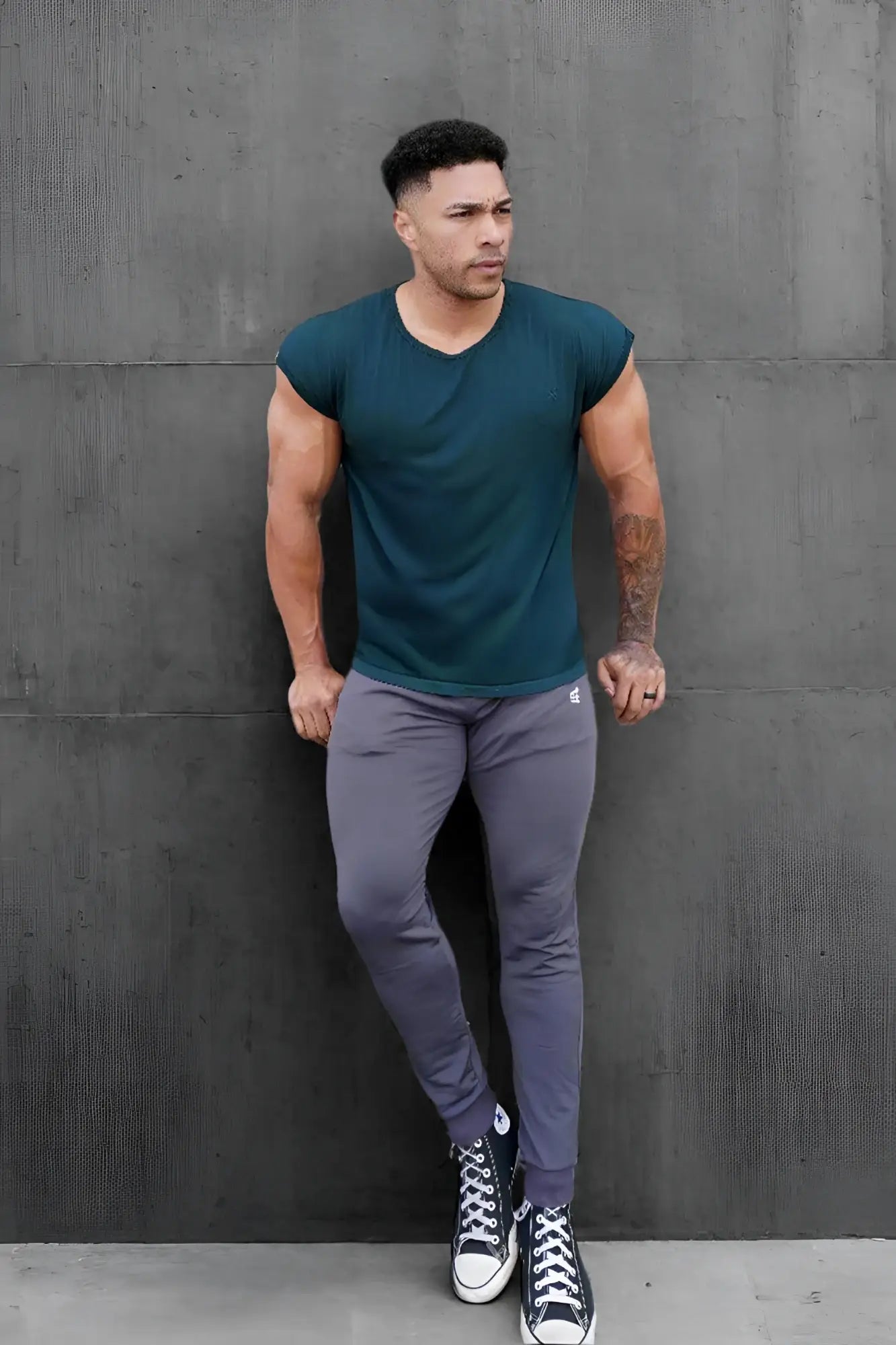 Jed North Evolve men’s sleeveless dark teal v-neck t-shirt featuring lightweight breathable fabric for active wear