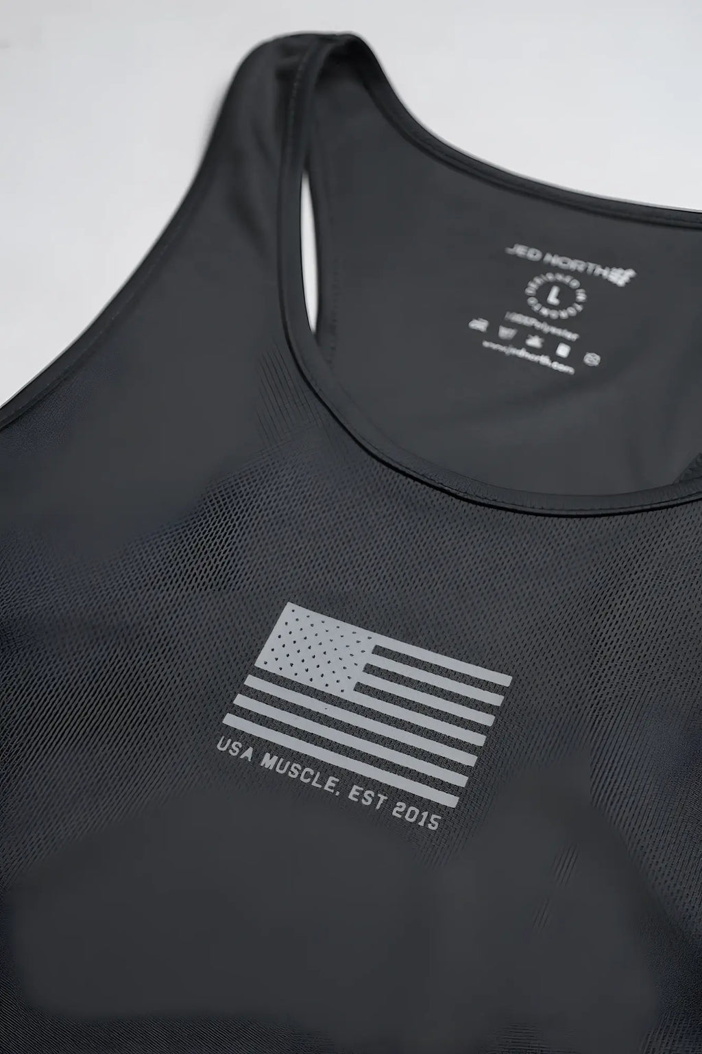 Black fast-dry bodybuilding workout stringer tank top with gray american flag and usa muscle graphic on front