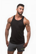 Jed North fast-dry black bodybuilding workout stringer tank top with a subtle logo on the left chest