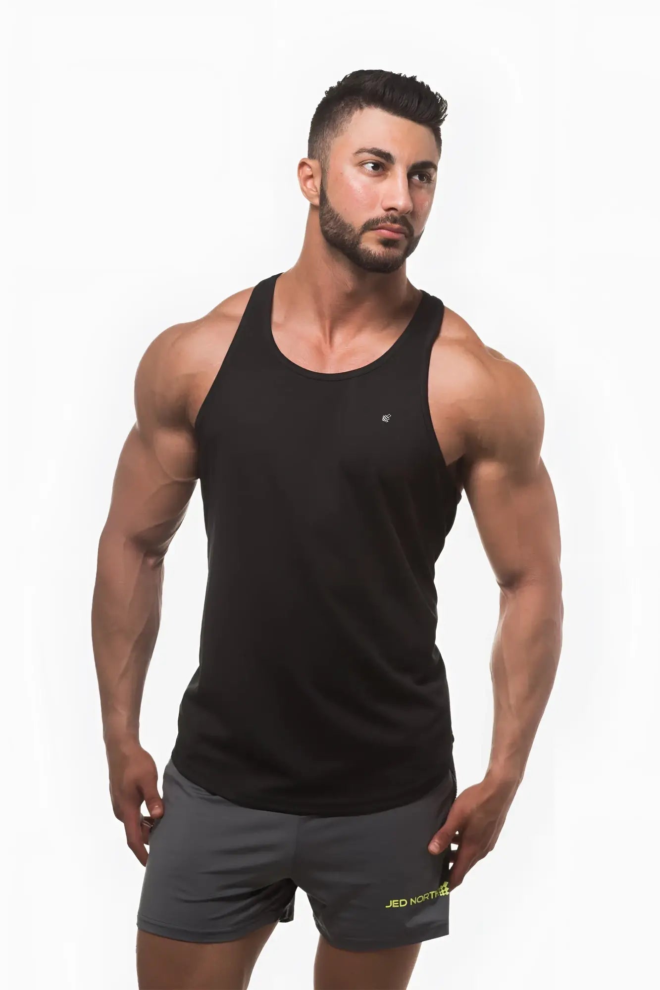 Jed North fast-dry black bodybuilding workout stringer tank top with a subtle logo on the left chest
