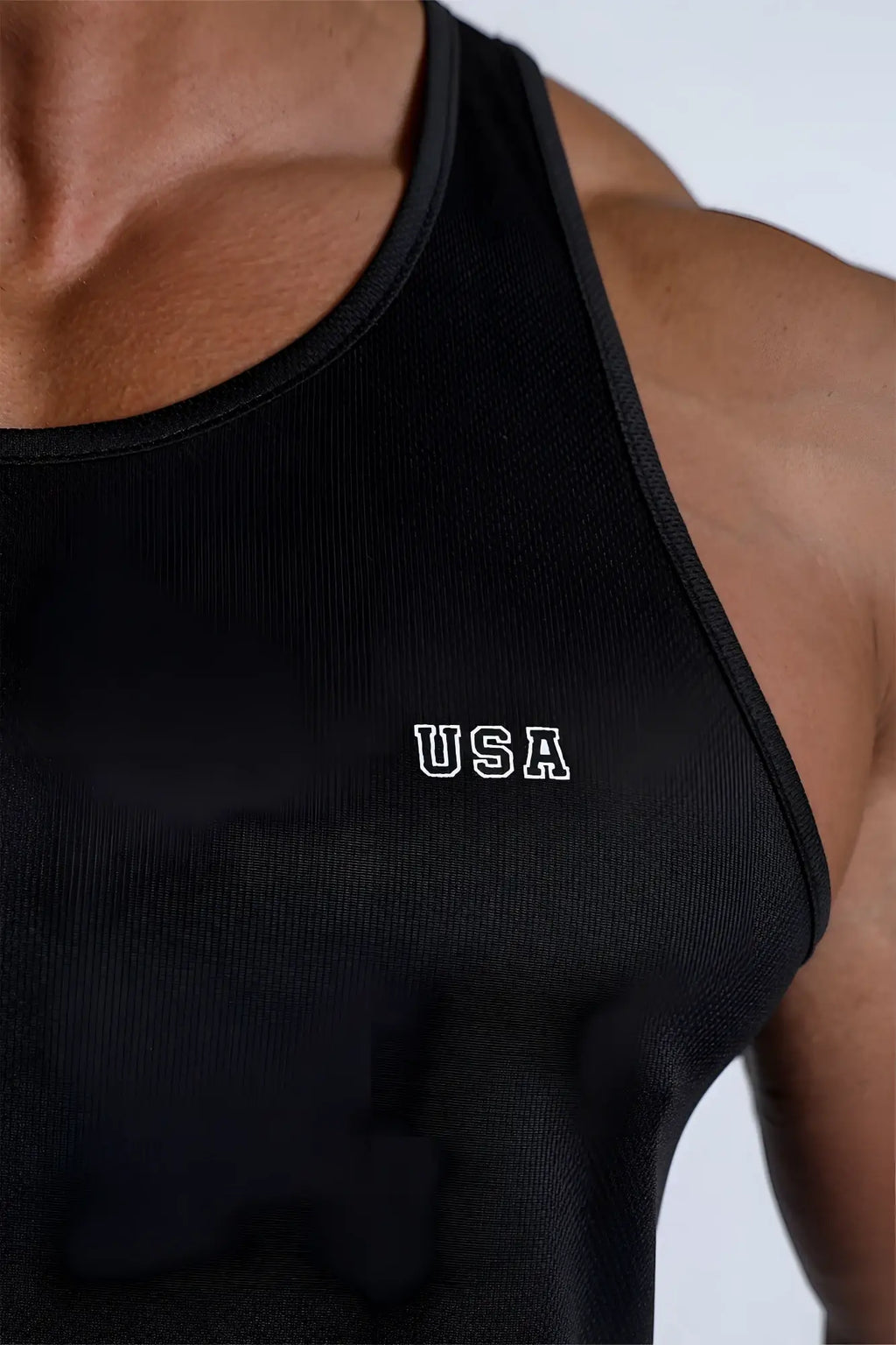 Black fast-dry bodybuilding workout stringer tank top with white usa logo embroidery on chest