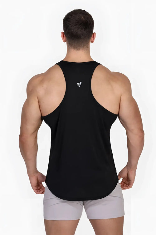 Back view of black fast-dry bodybuilding workout stringer tank top with white usa logo on upper back