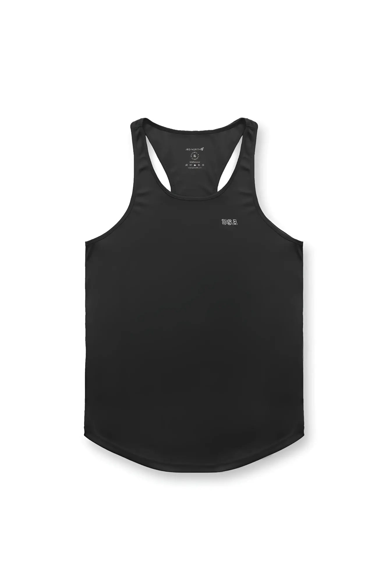 Black fast-dry bodybuilding workout stringer tank top with a subtle white usa logo on the chest