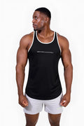 Black fast-dry bodybuilding workout stringer tank top with white trim and subtle embroidered text on the chest
