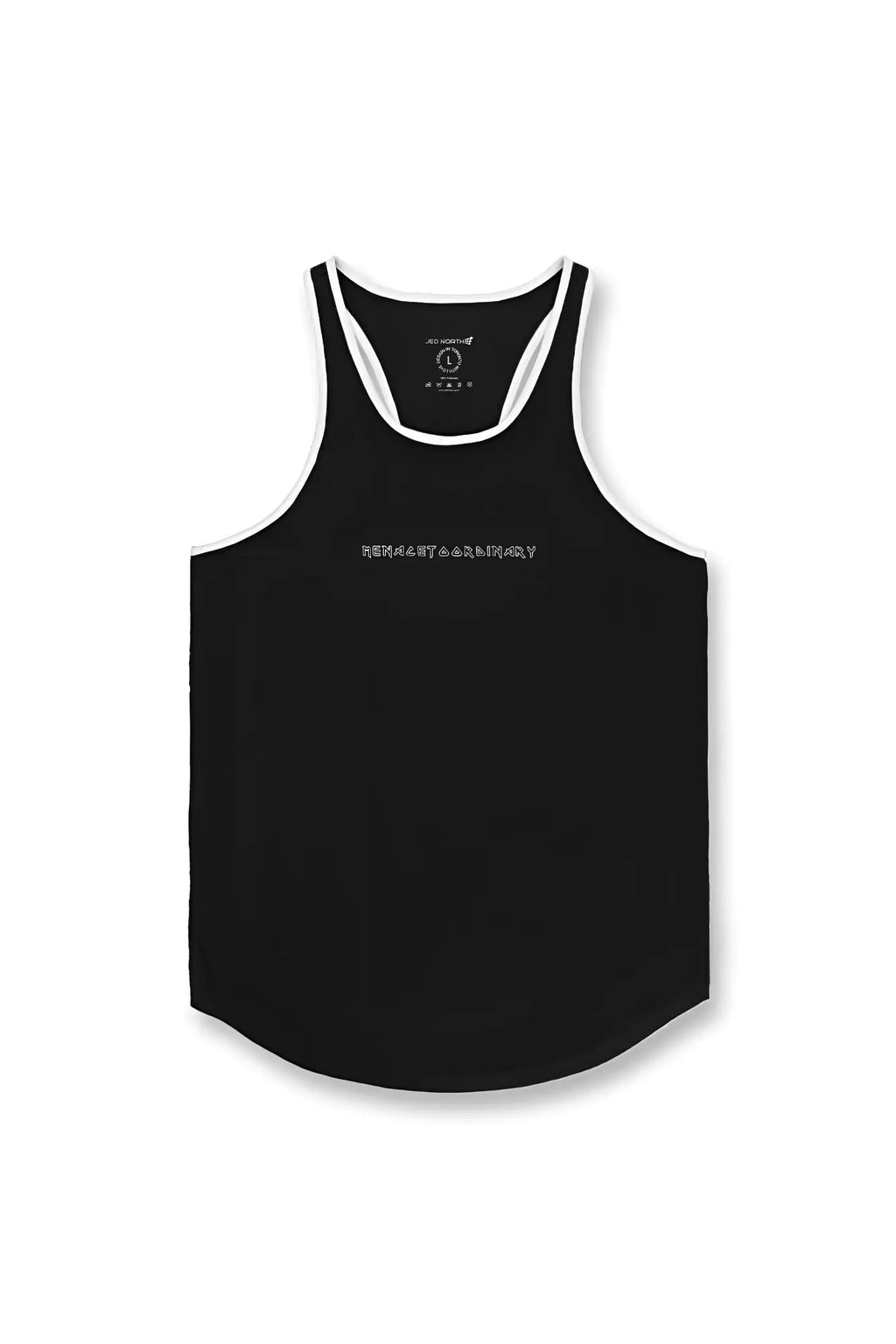 Black fast-dry bodybuilding workout stringer tank top with white trim and subtle heavenly and rainbow embroidery